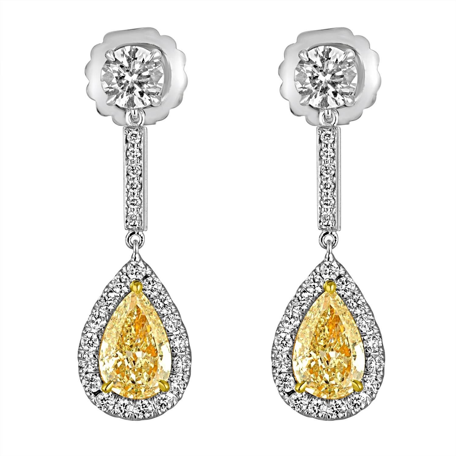 Yellow Pear Shape and White Diamonds Set in Two Color Gold Dangle Earrings