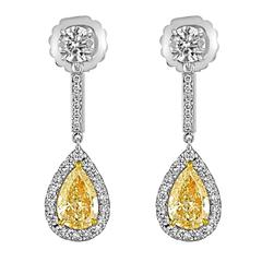 Yellow Pear Shape and White Diamonds Set in Two Color Gold Dangle Earrings 9