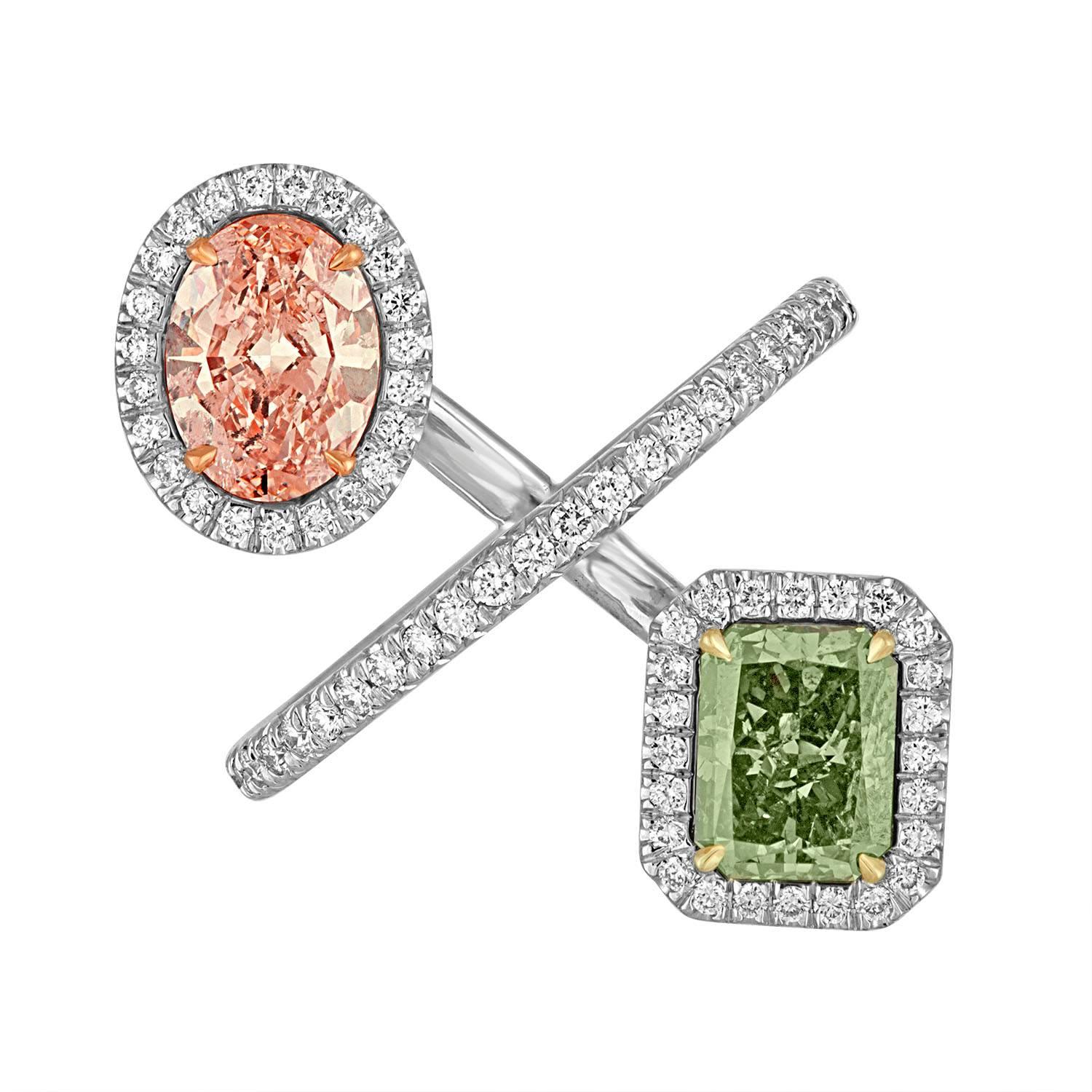 2.15 Carat Pink and 2.40 Carat Green Yellow GIA Certified Diamonds Gold Ring