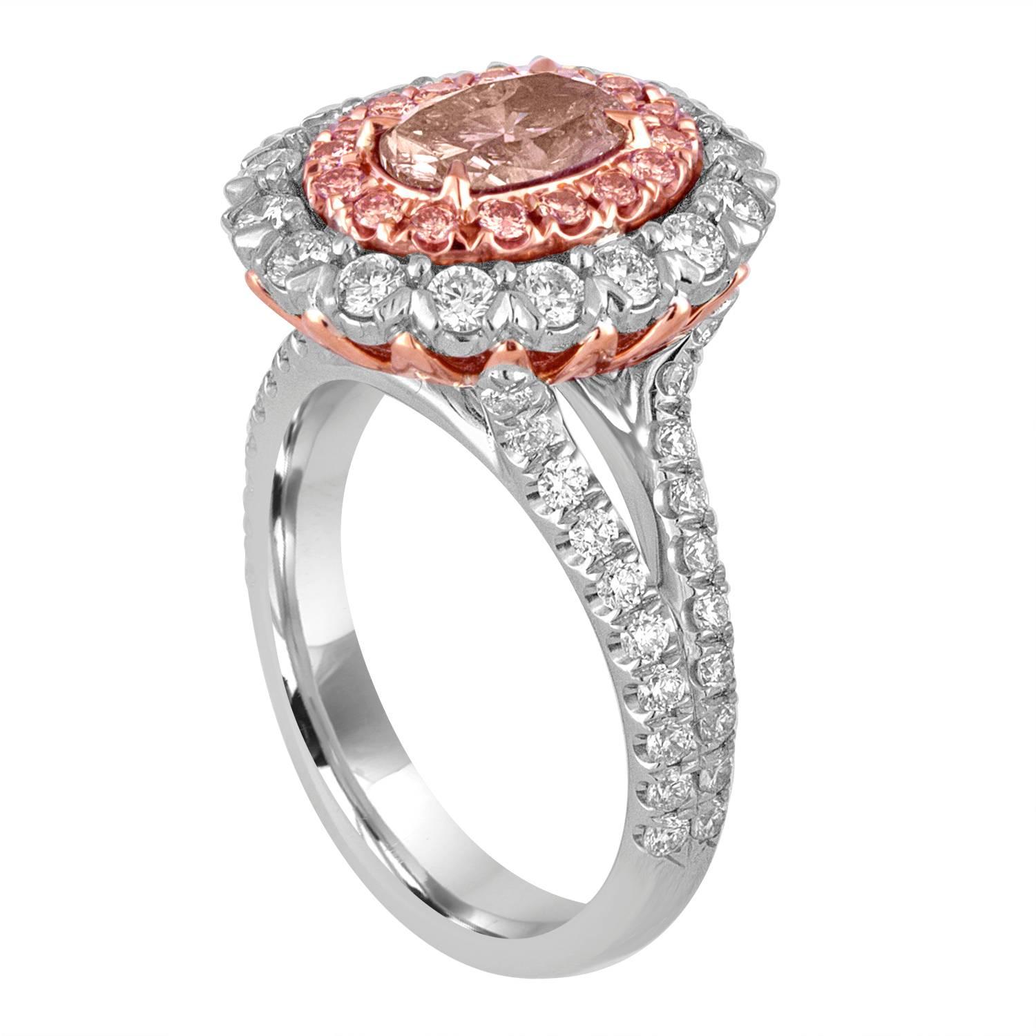 1.10 Carat GIA Certified Fancy Brownish Pink and White Diamond Platinum Ring For Sale