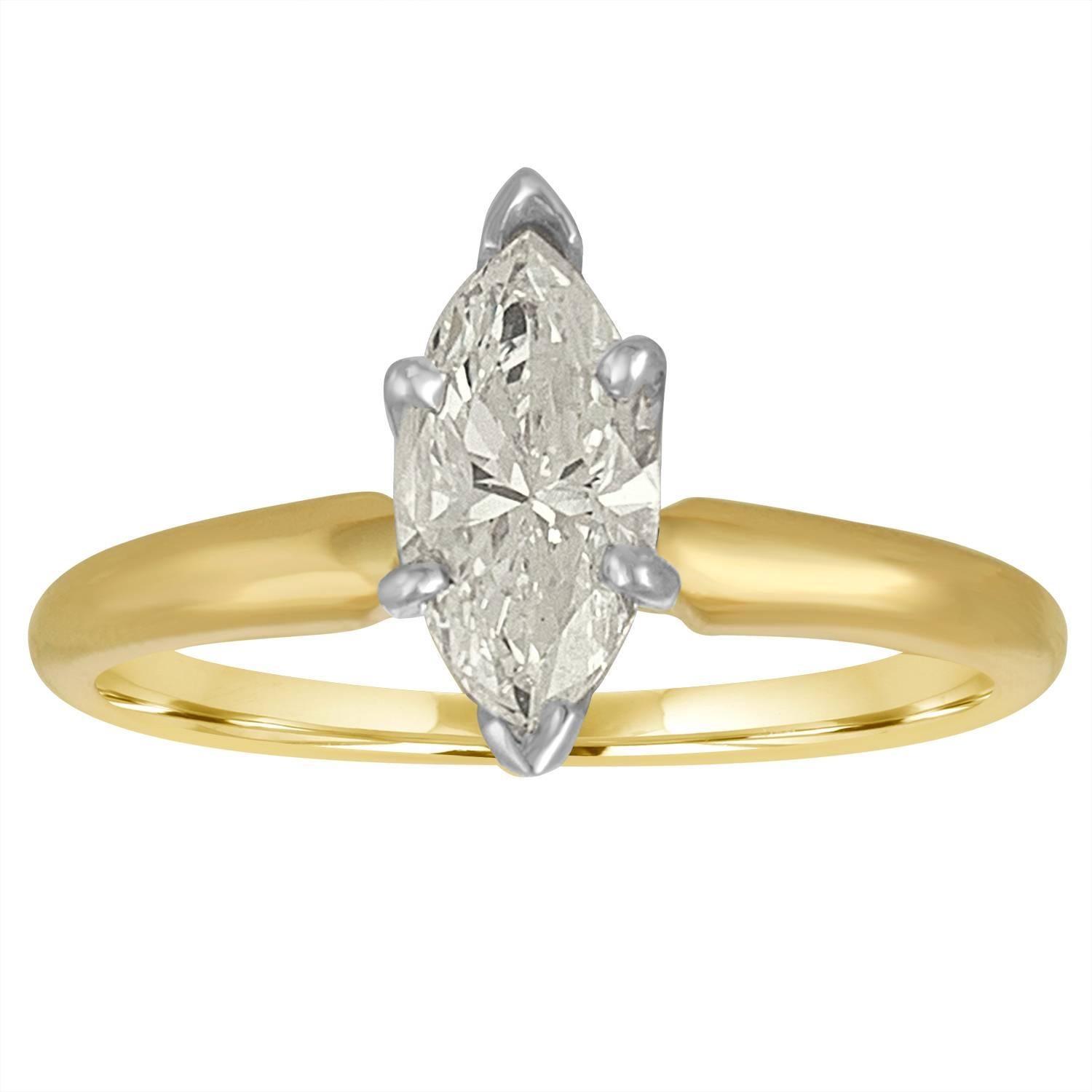 0.90 Carat Marquise Diamond Set in Two Color Gold Solitaire Ring For Sale