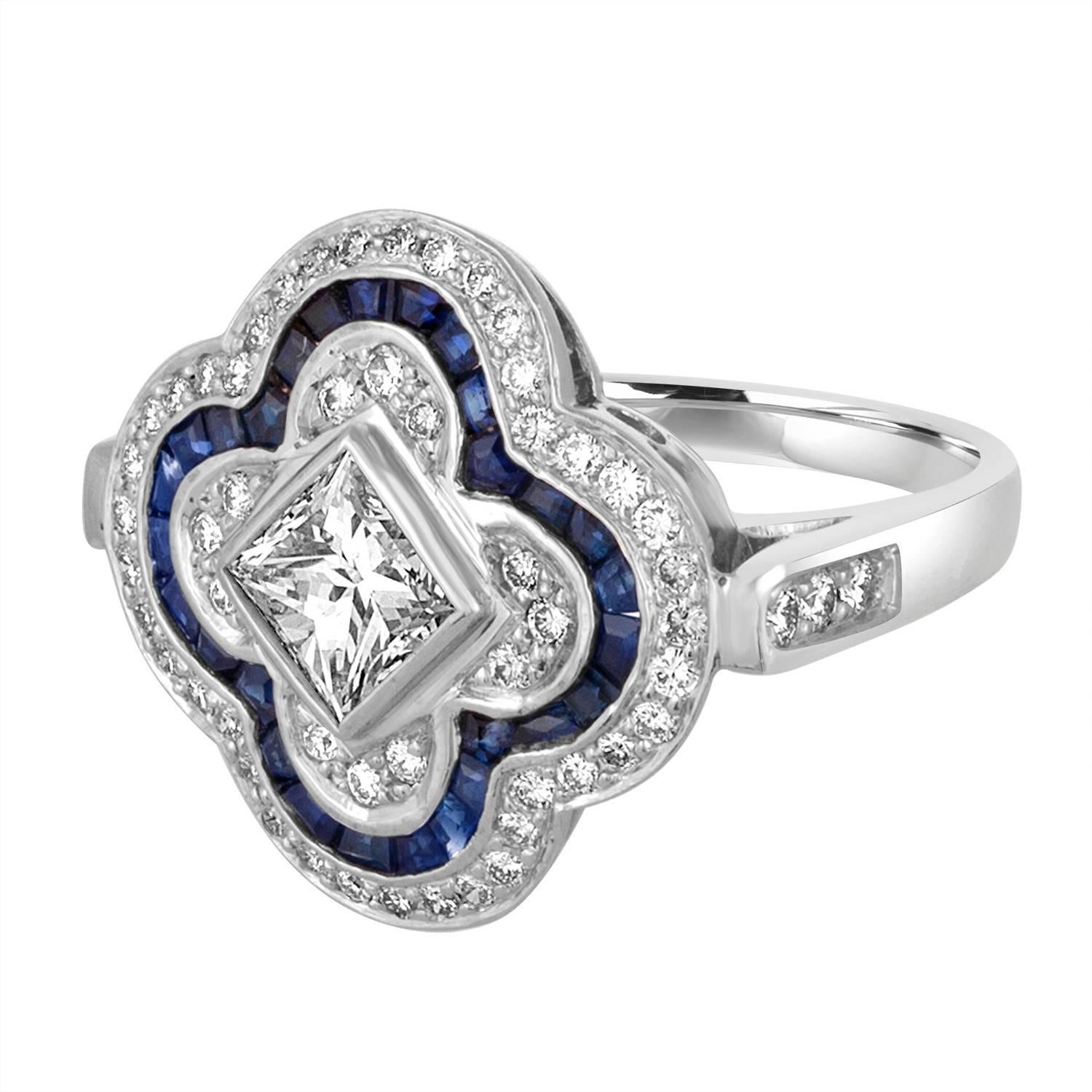 Blue Sapphires Diamonds Gold Flower Ring For Sale