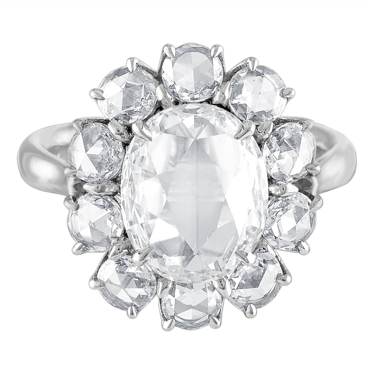 2.13 Carats Rose Cut Diamonds Platinum Ring  For Sale