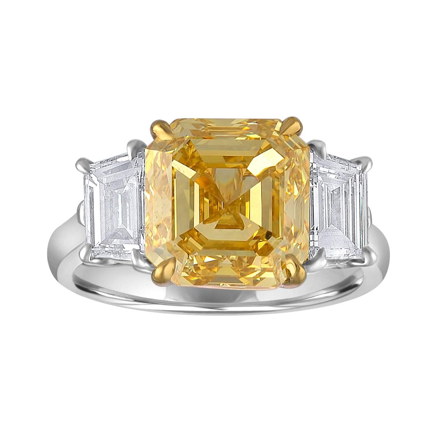 5.04 Carat Asscher Cut Diamond Set with Half Moons in Gold Platinum Mounting