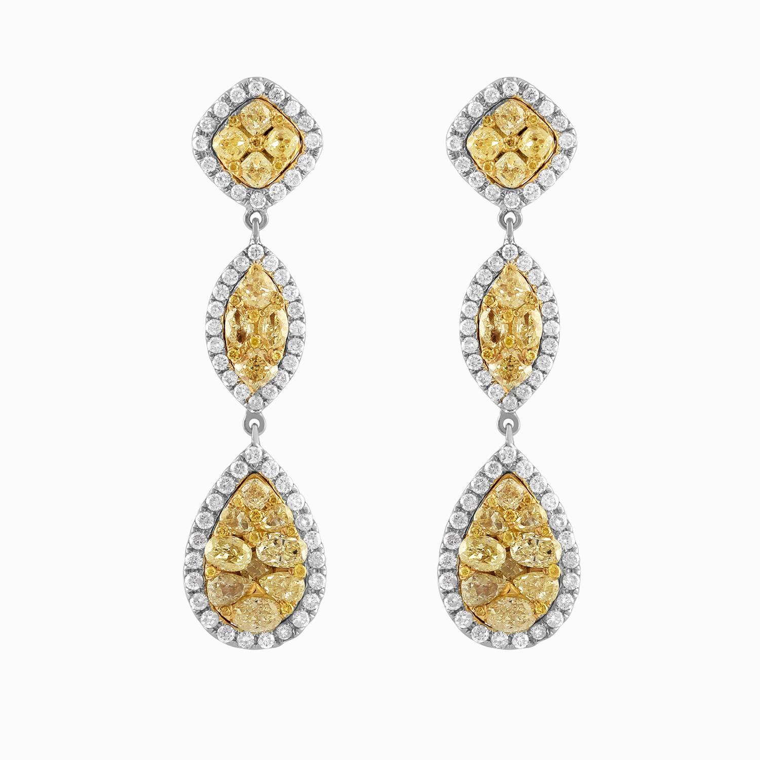 18 Karat Two-Tone Gold Drop Earrings with Yellow and White Diamonds For Sale