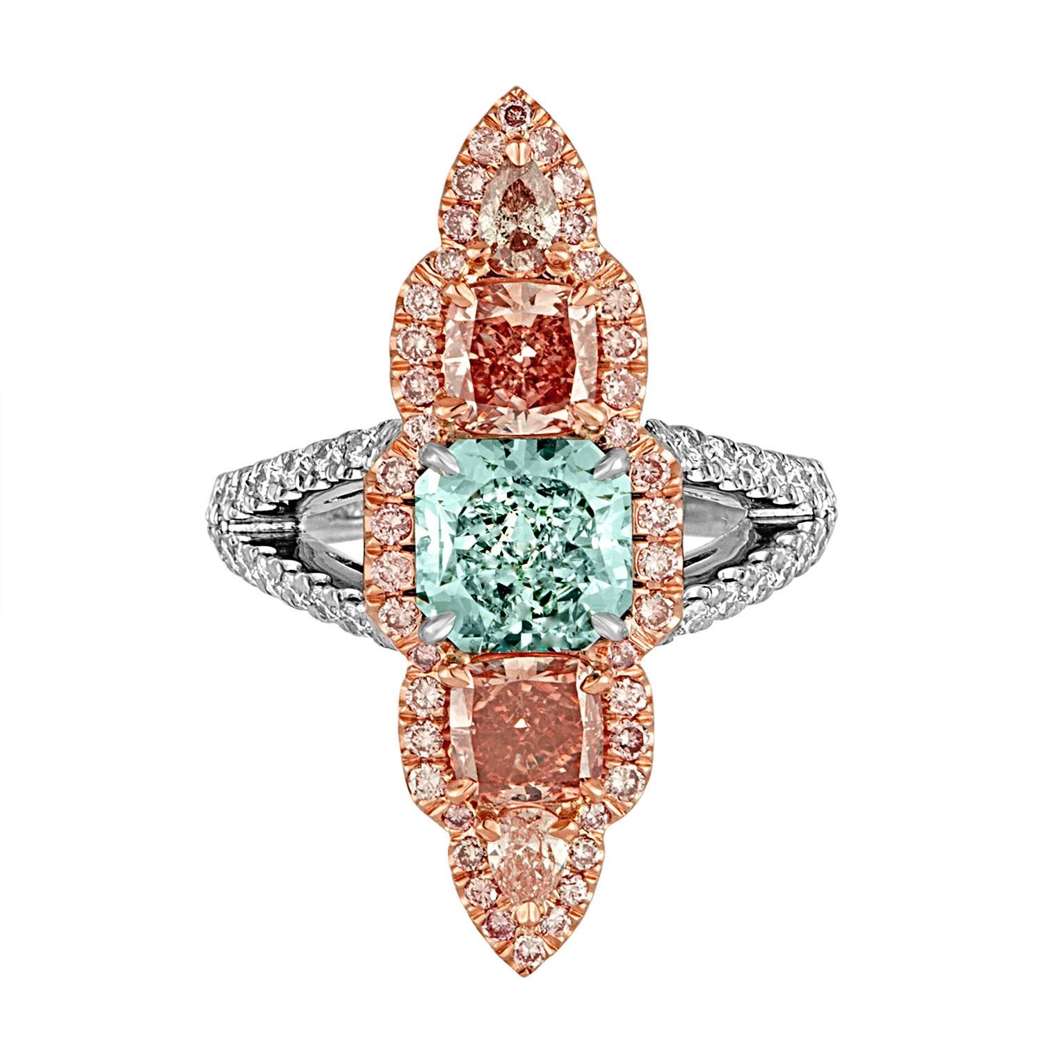 1.57 Carat GIA Certified Blue Green Cushion Cut and Pink and White Diamonds Ring (Kissenschliff) im Angebot