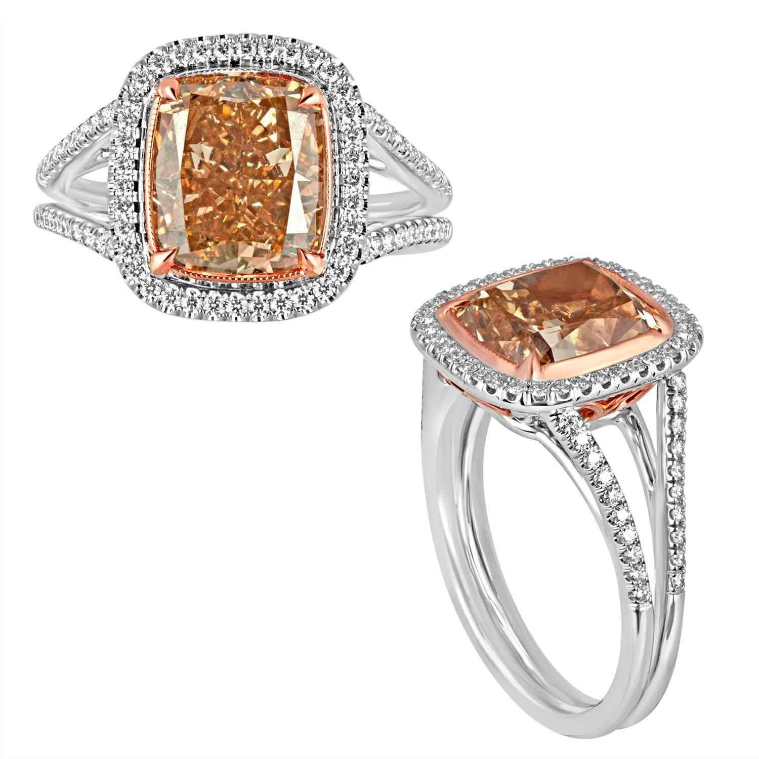 Contemporary Fancy Deep Brown Orange Cushion Cut Diamond Set in Two-Color Gold Ring Mounting For Sale