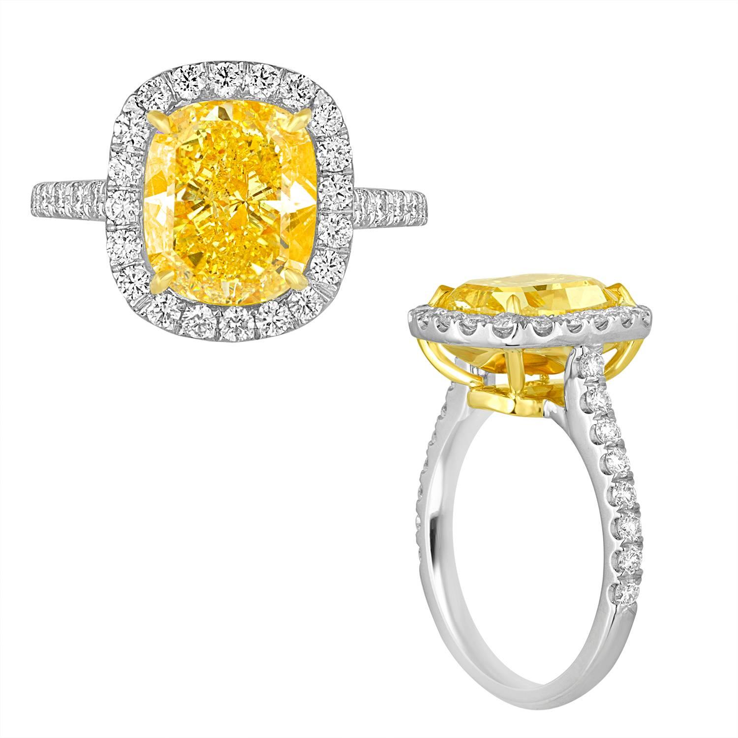 Contemporary 4.76 Carat Cushion GIA Certified Fancy Vivid Yellow Diamond Two Color Gold Ring For Sale