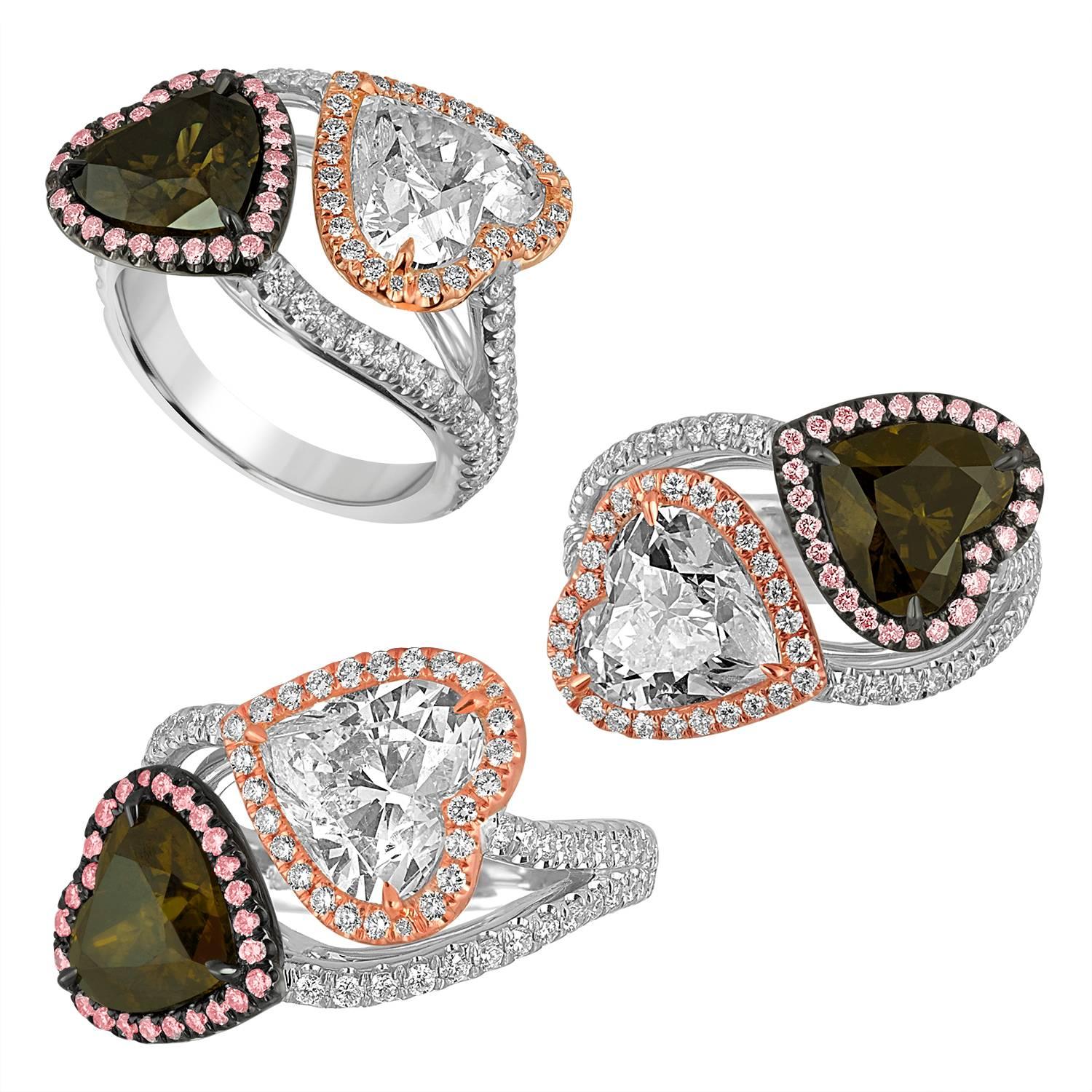 Contemporary White and Brown Heart Shaped Diamonds in Two-Color Gold Ring