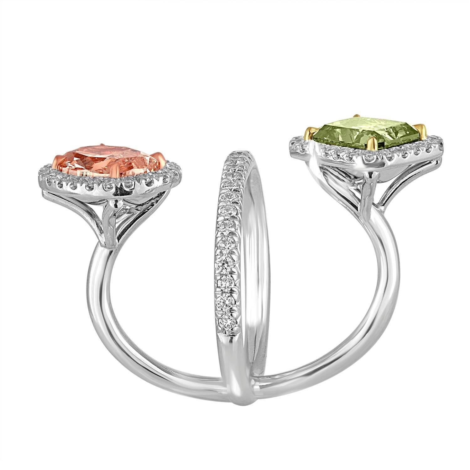 Contemporary 2.15 Carat Pink and 2.40 Carat Green Yellow GIA Certified Diamonds Gold Ring