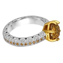 3.03 Carat Brown Diamond Yellow and White Melee Three Color Gold Ring