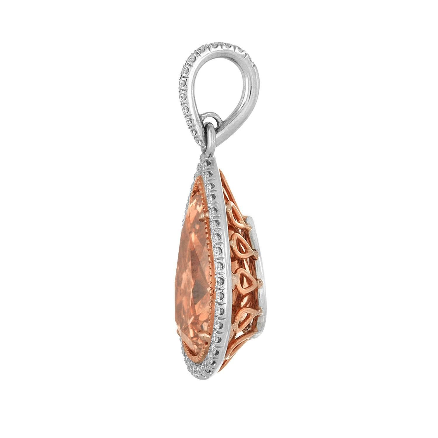 A spready looking 5.29 Carat Pear Shape GIA Certified Fancy Deep Brown Yellow SI2 is set in Rose Gold and Platinum Pendant mounting. 
This 5.29 Carat Pear Shape is set in hand crafted mounting surrounded by one raw of white melee. The white melee