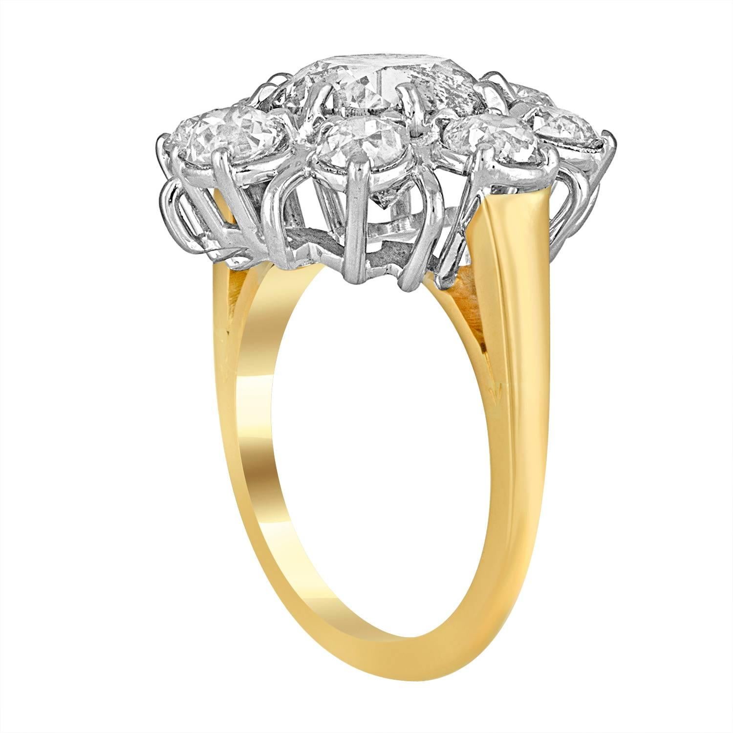 Women's 3.34 Carat Diamond Gold Platinum Flower Ring For Sale