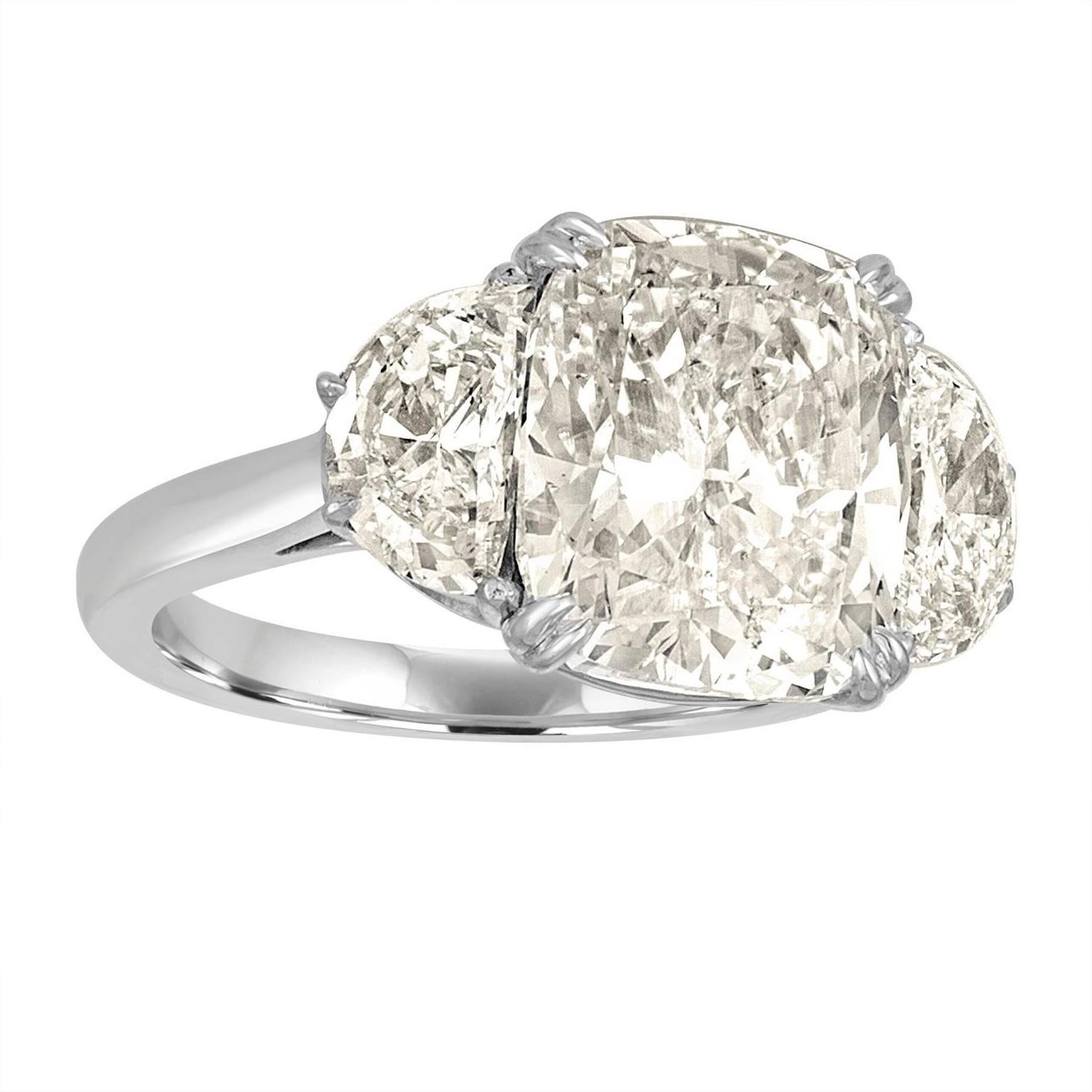 Contemporary 7.06 Carat Cushion Cut Diamond Set with Half Moons in Platinum Ring Mounting