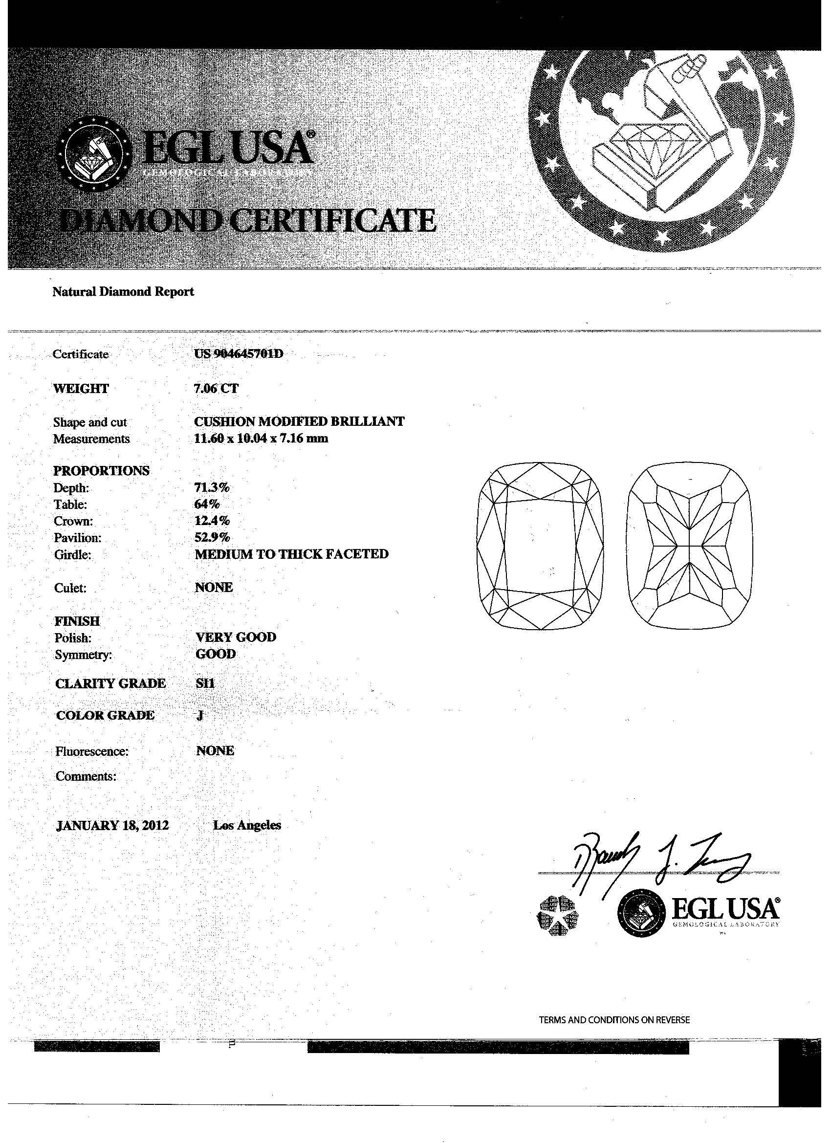 7.06 Carat Cushion Cut Diamond Set with Half Moons in Platinum Ring Mounting 1