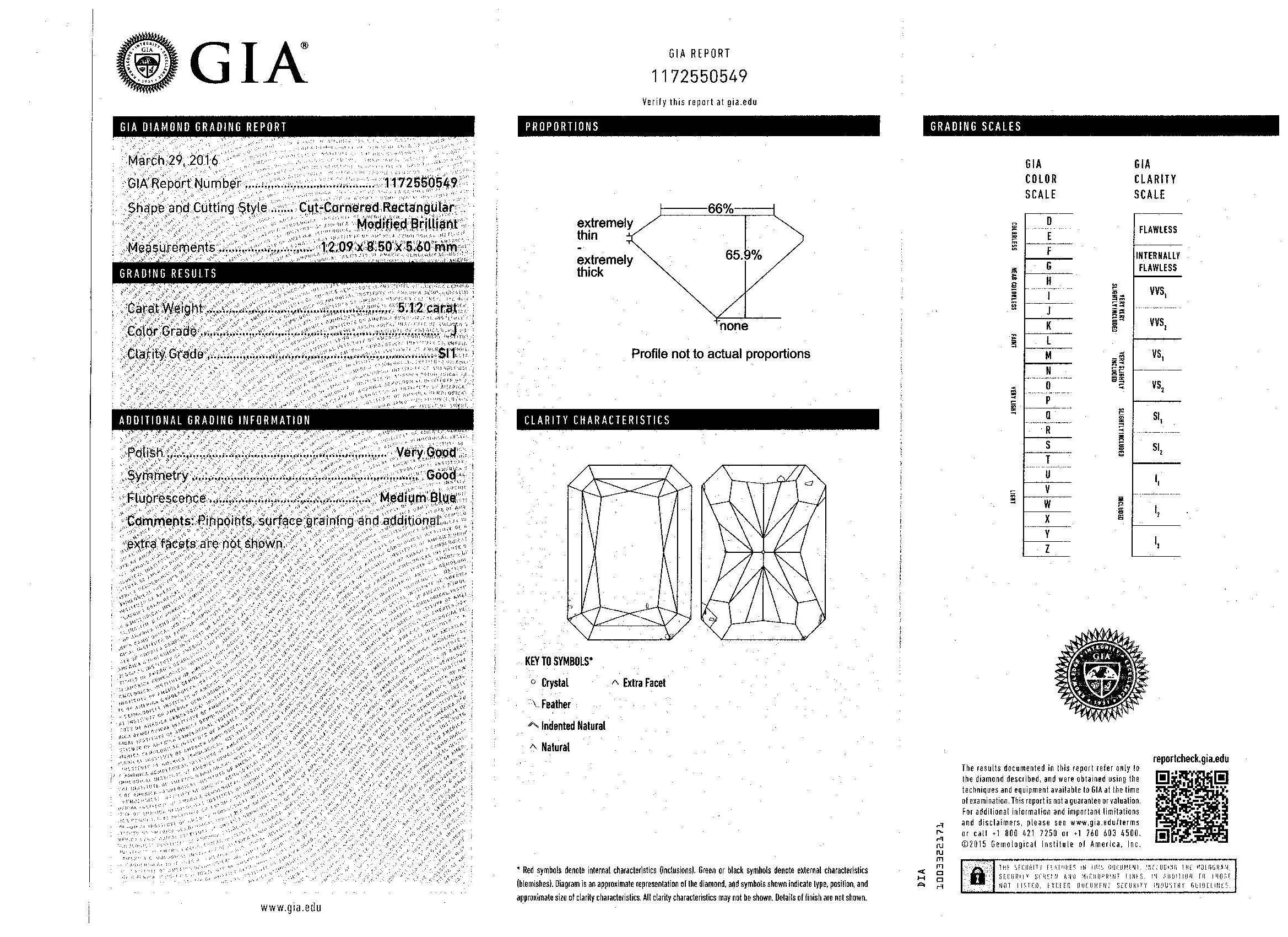 5.12 Carat GIA Cert Radiant Cut Diamond with Two Trapezoids in Platinum Ring 2