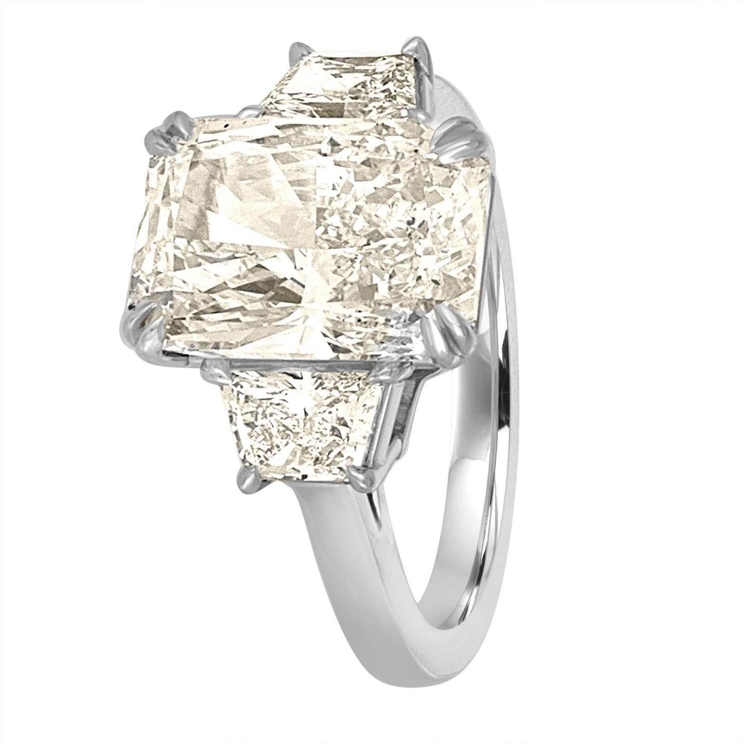 5.12 Carat GIA Cert Radiant Cut Diamond with Two Trapezoids in Platinum Ring 1
