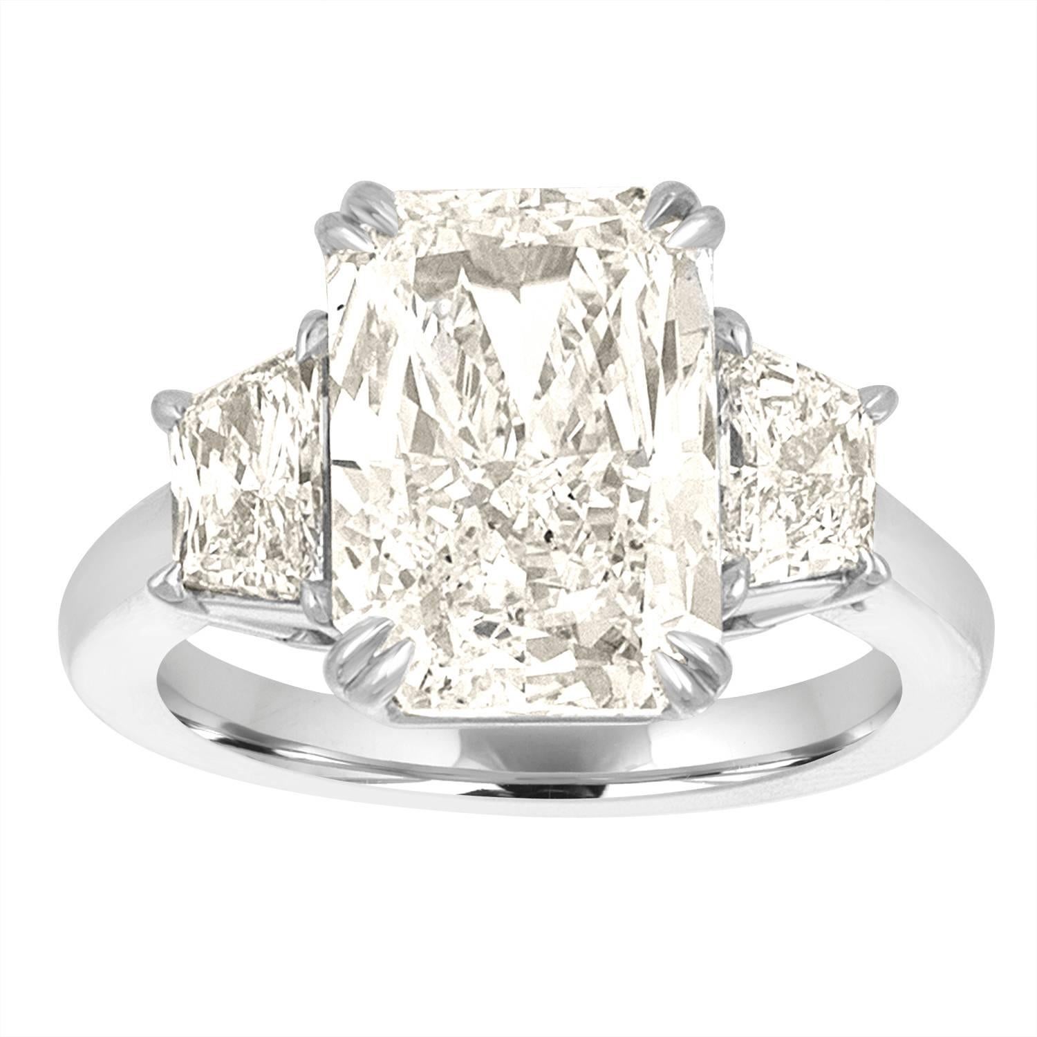 5.12 Carat GIA Cert Radiant Cut Diamond with Two Trapezoids in Platinum Ring