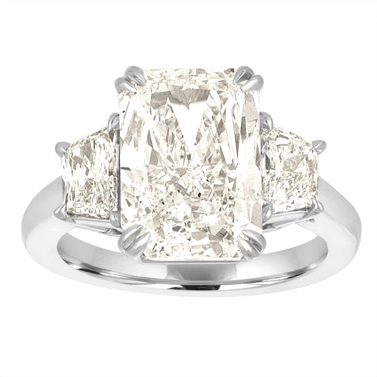 5.12 Carat GIA Cert Radiant Cut Diamond with Two Trapezoids in Platinum ...