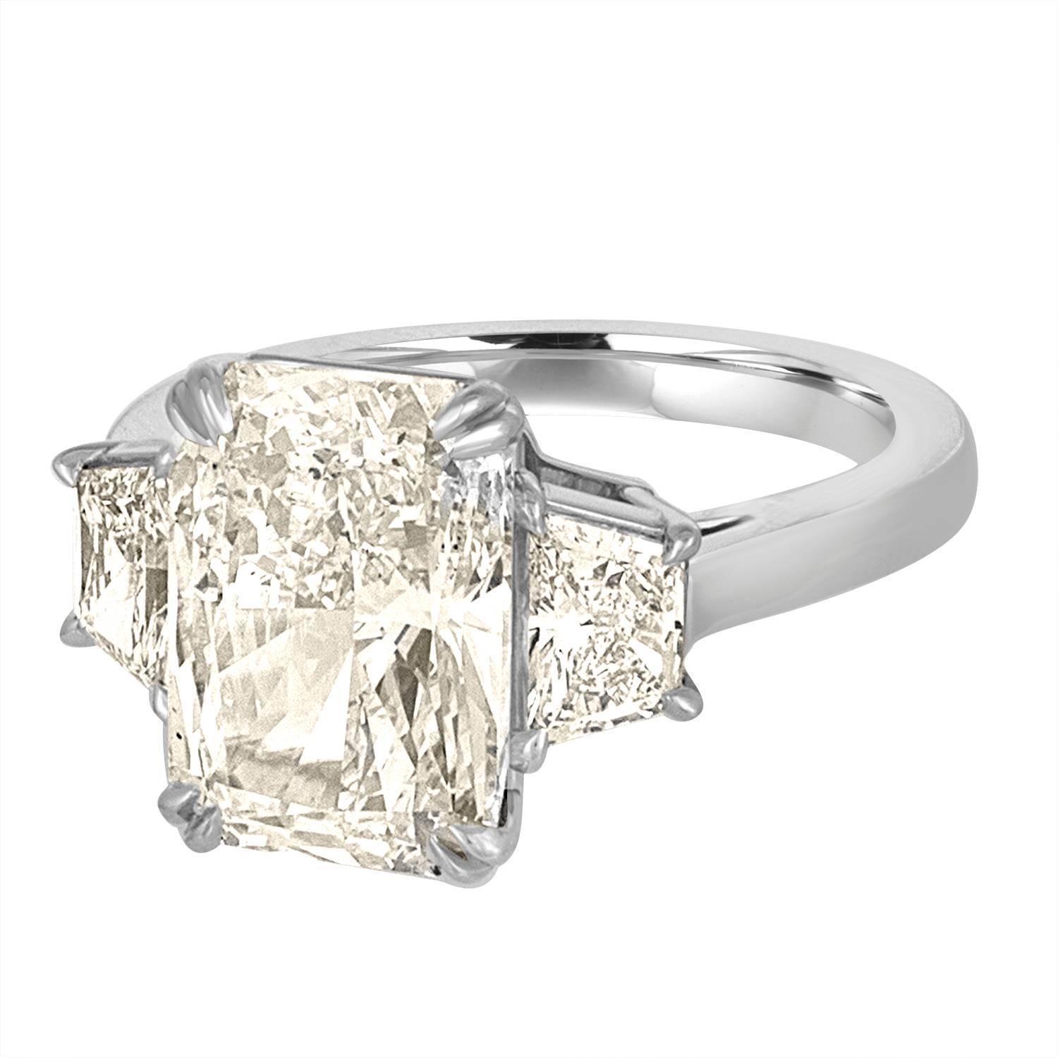 Contemporary 5.12 Carat GIA Cert Radiant Cut Diamond with Two Trapezoids in Platinum Ring