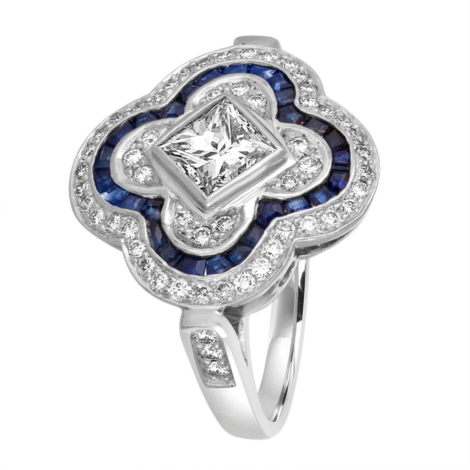 Princess Cut Blue Sapphires Diamonds Gold Flower Ring For Sale