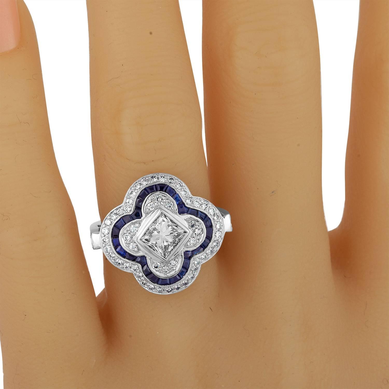 Blue Sapphires Diamonds Gold Flower Ring For Sale 1