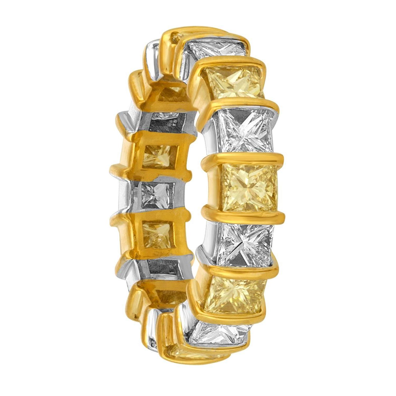 Women's White and Yellow Princess Cut Diamonds Wedding Band in Two Color Gold Mounting For Sale
