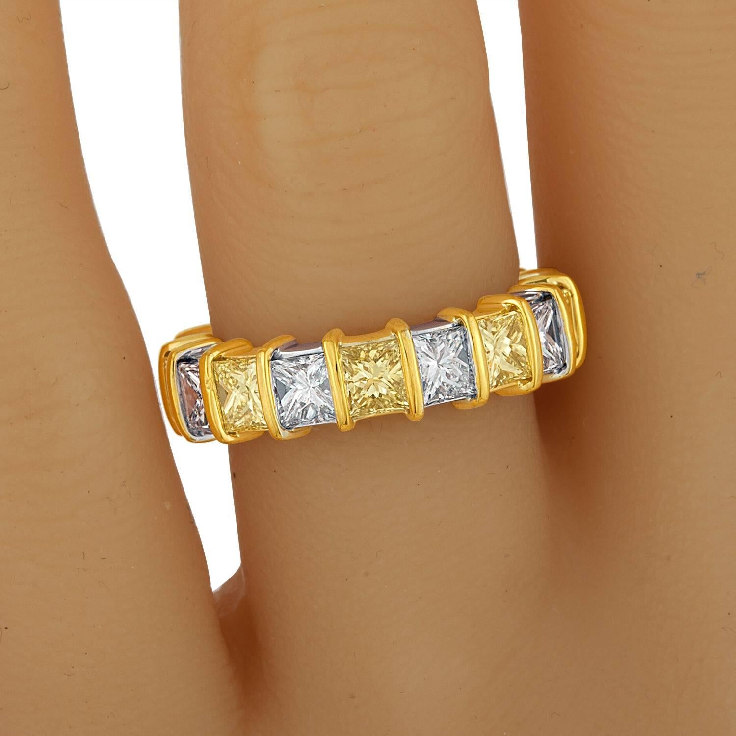 White and Yellow Princess Cut Diamonds Wedding Band in Two Color Gold Mounting For Sale 3