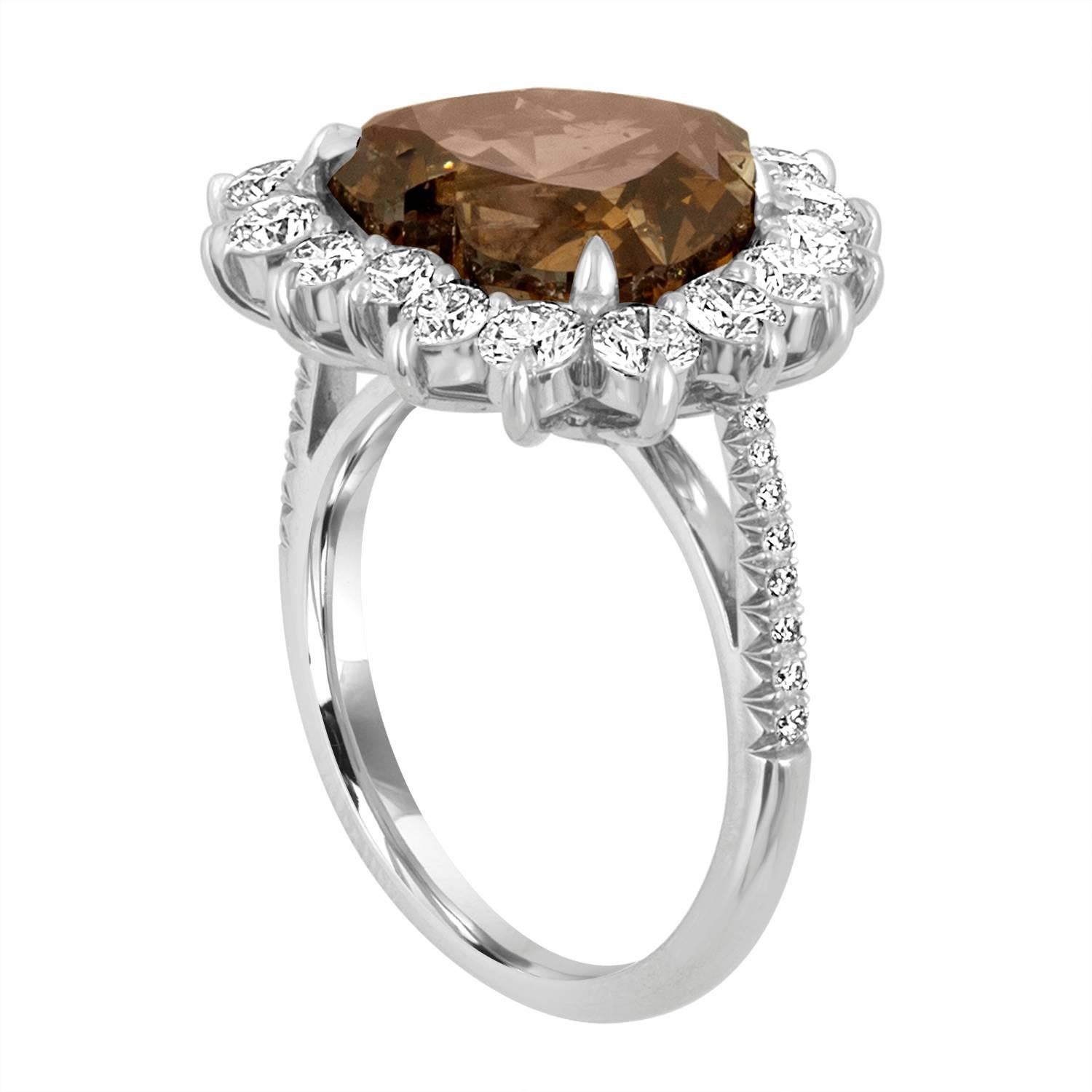 7.01 Carat Heart Shape Diamond, GIA Certified Fancy Dark Yellowish Brown is set in Platinum Ring mounting. The mounting is Hand Made One.
There are 16 Brilliants surrounding the Heart Shape in the Center. There are also 16 Round Brilliants on each