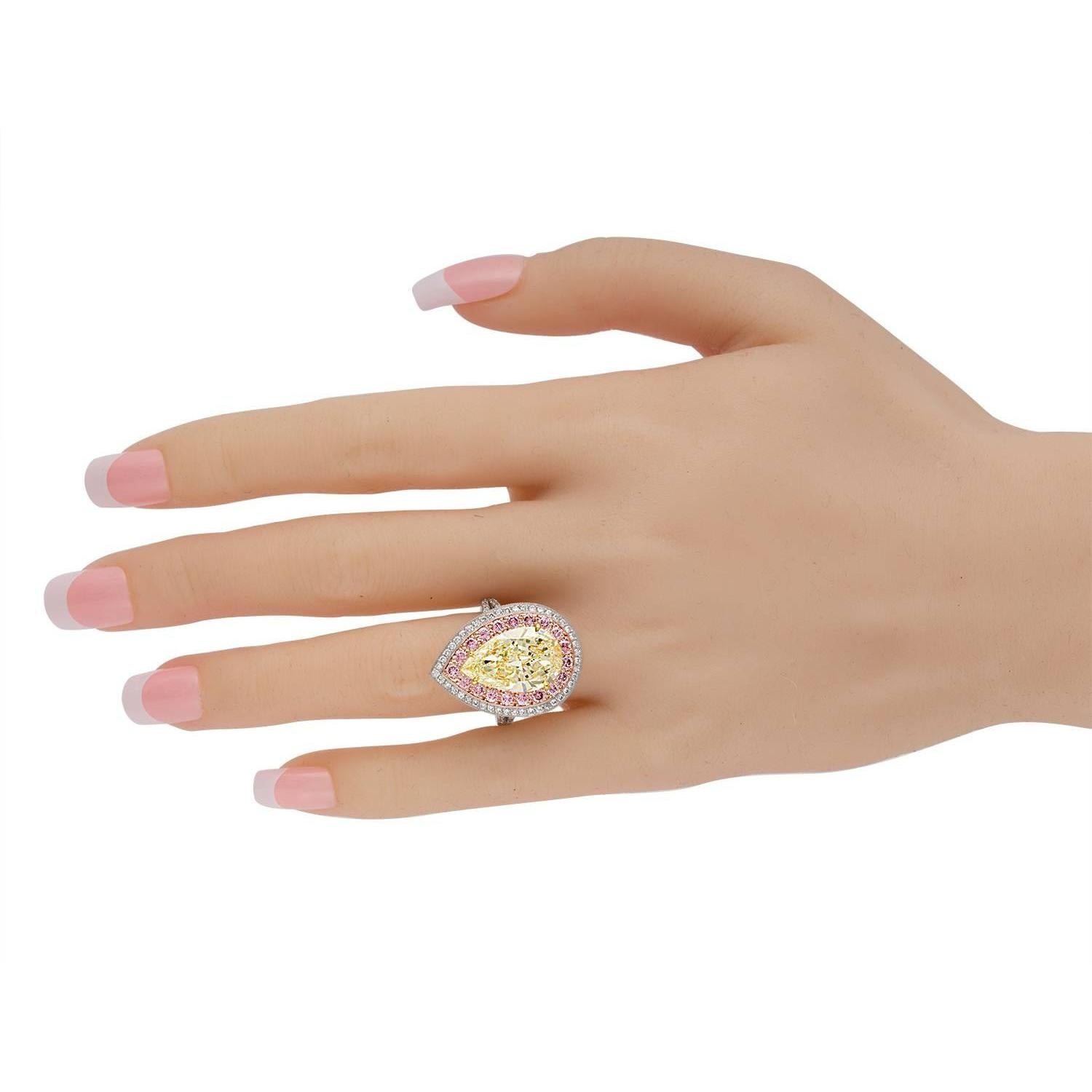 Women's 6.92 Carat Pear Shape Light Yellow Ring of Three Colors