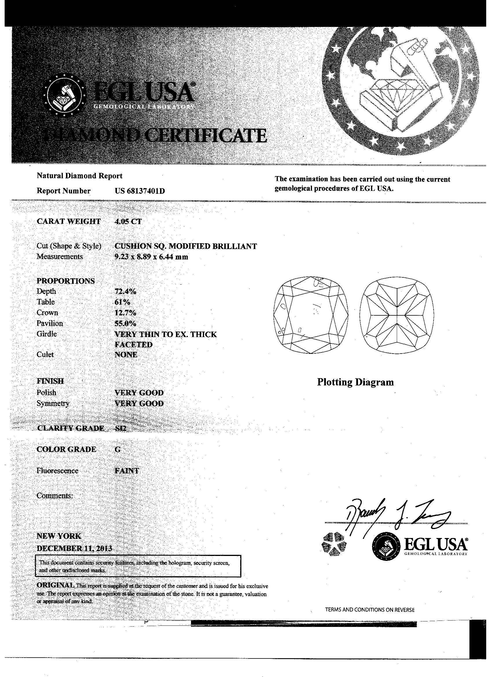 4.05 Carat Cushion Cut Diamond Certificate Set in a Ring 1