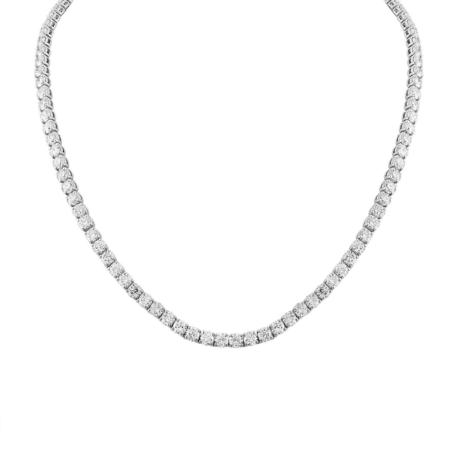 198 Round Brilliants White Diamonds set in Two Platinum Tennis Necklaces. The beauty of it is that they can be worn as Single Necklace, Two Necklaces or One Long Necklace.
The 198 Round Brilliant Diamonds are estimated to be G in Color and SI1 in