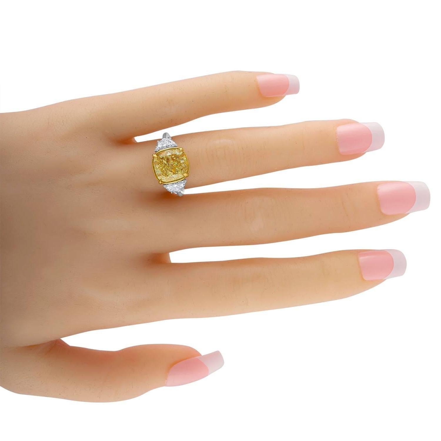 5.04 Carat Cushion Cut GIA Fancy Intense Yellow Diamond Gold Platinum Ring  1