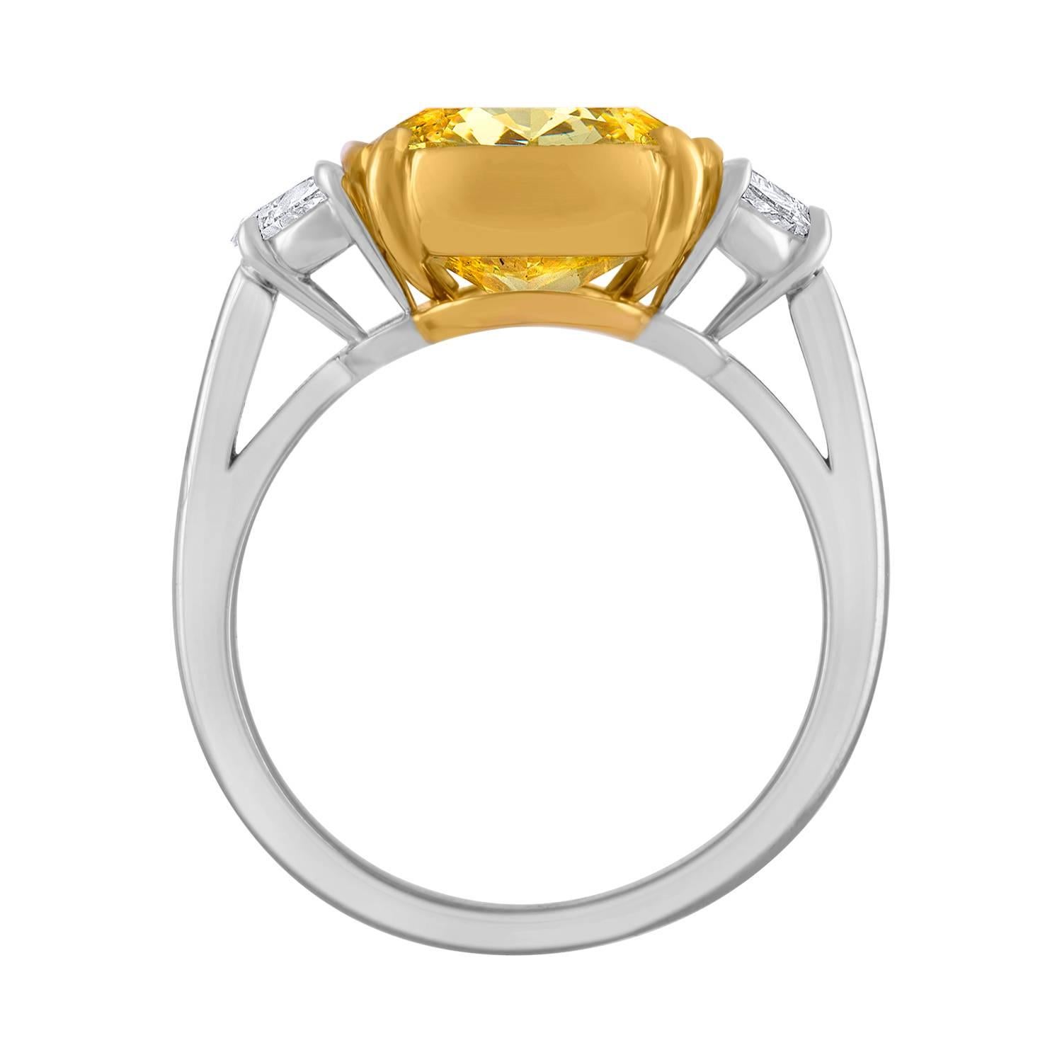 5.04 Carat Cushion Cut GIA Fancy Intense Yellow Diamond Gold Platinum Ring  2