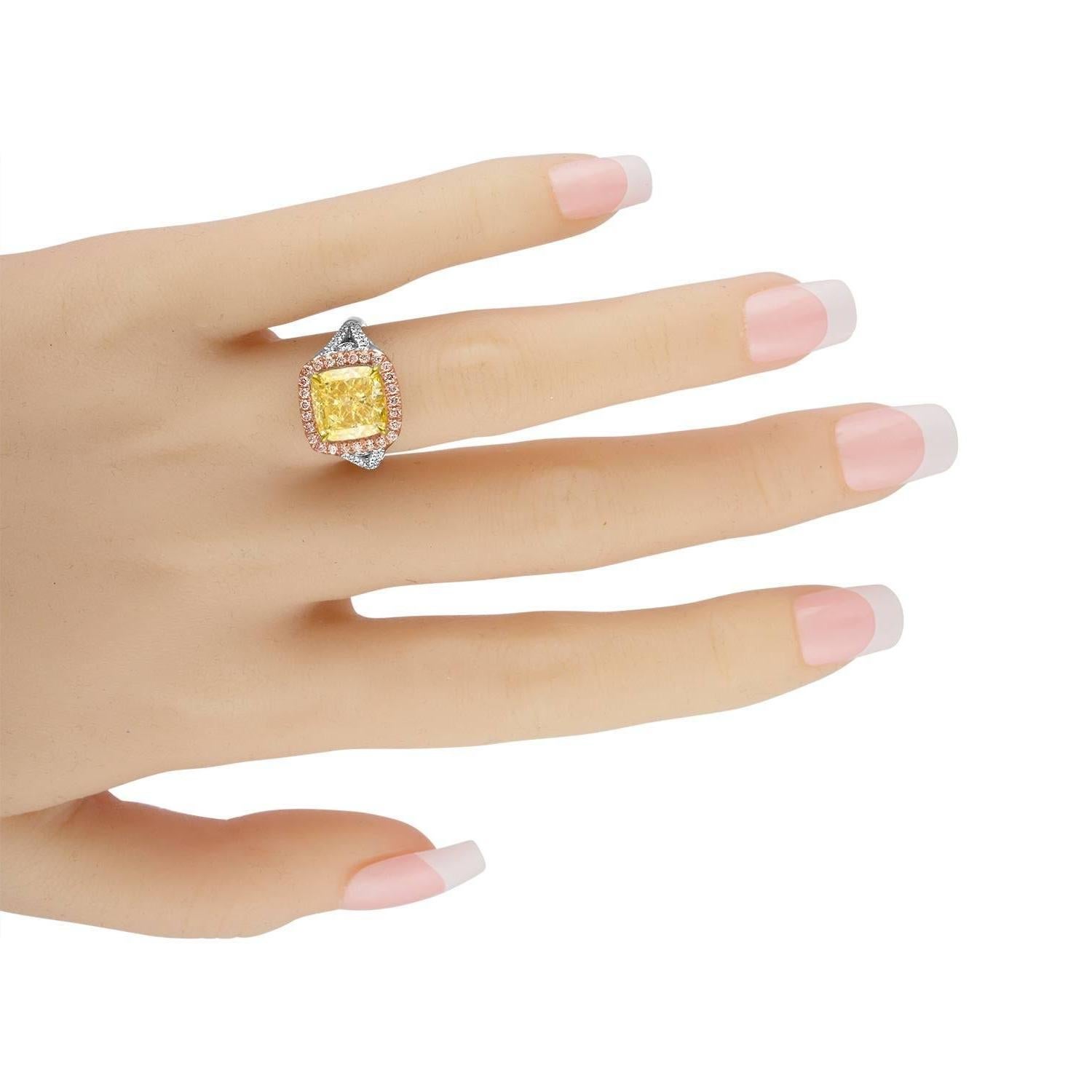 5.03 GIA Fancy Yellow Cushion Cut Diamond in Tri-Color Ring 2