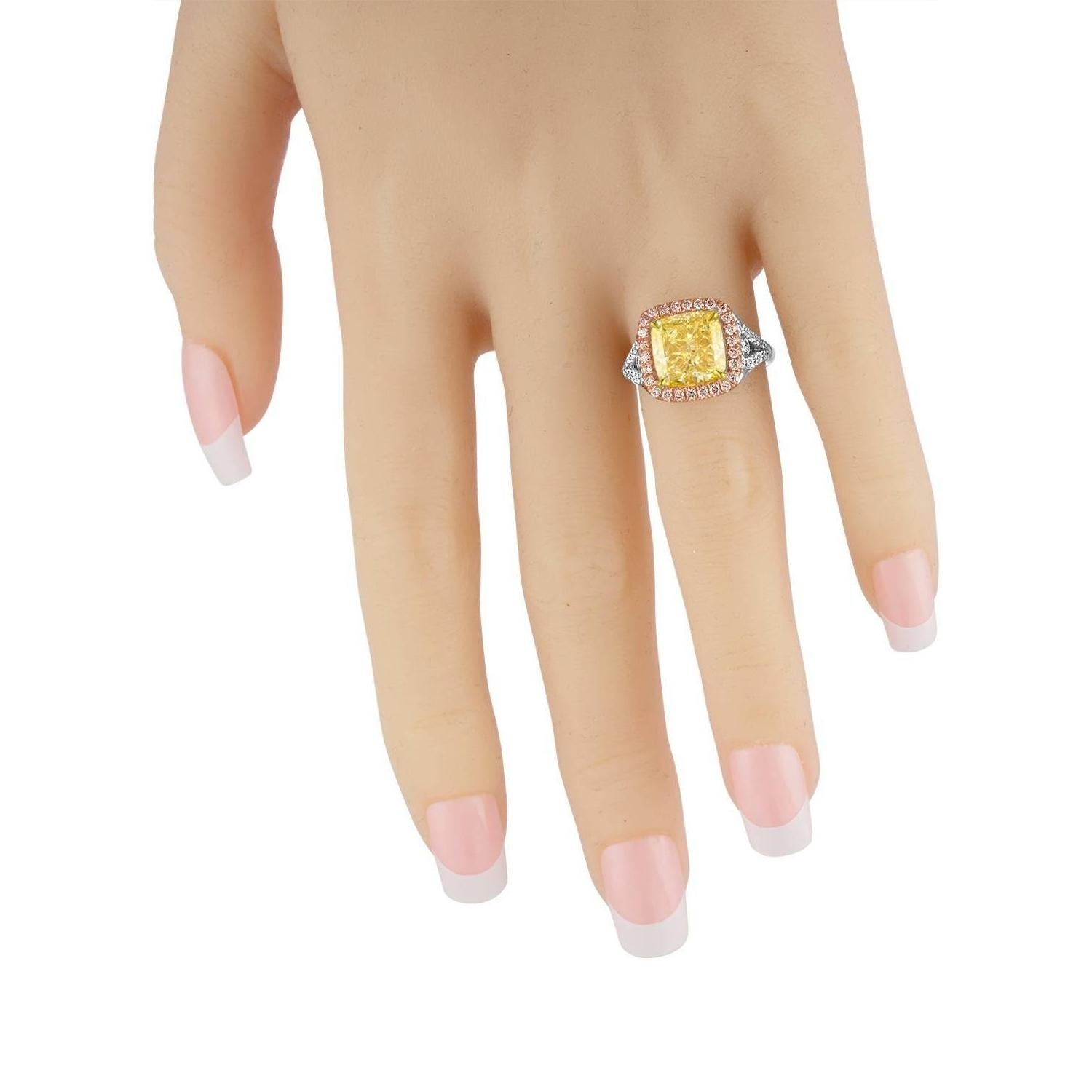 5.03 GIA Fancy Yellow Cushion Cut Diamond in Tri-Color Ring 3