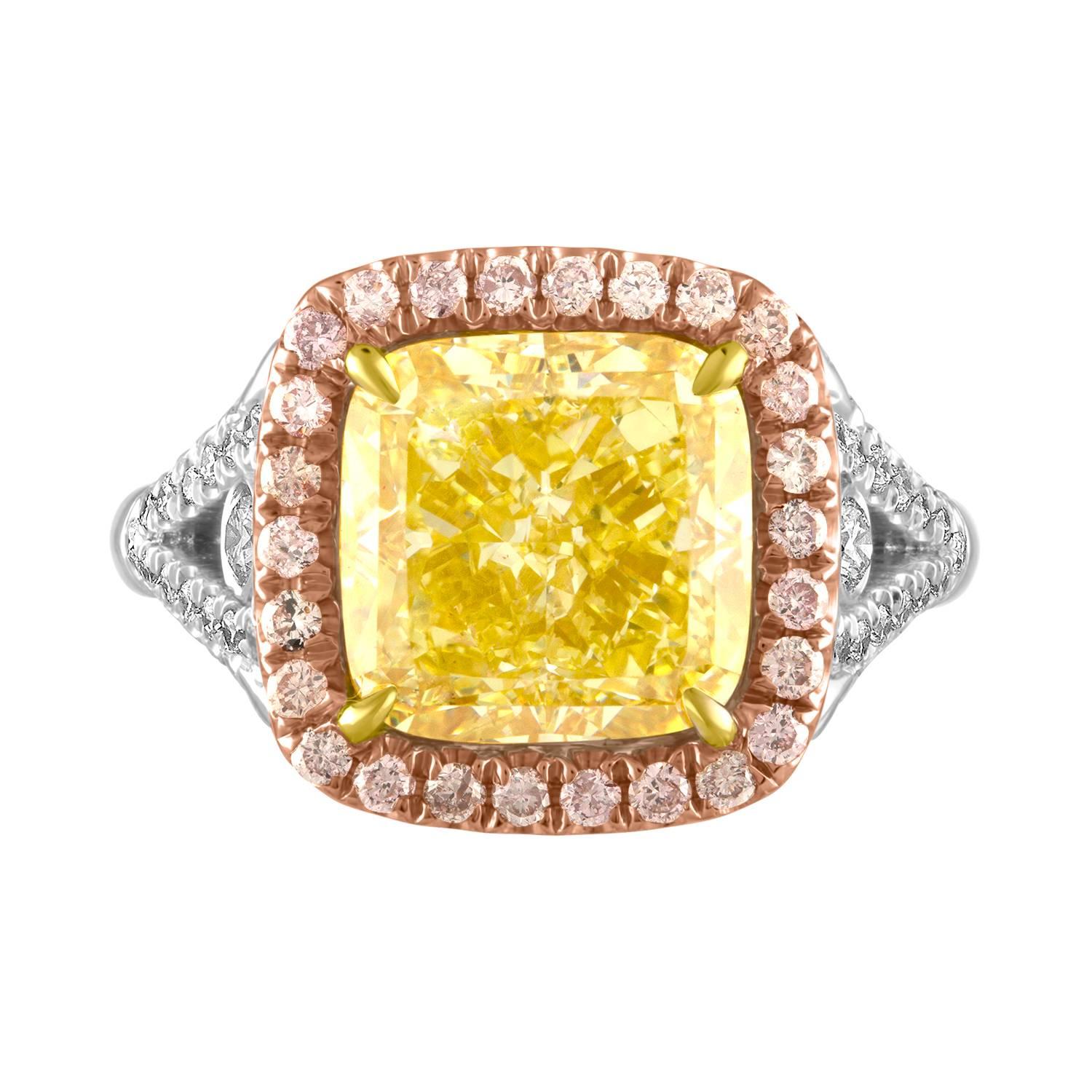 5.03 GIA Fancy Yellow Cushion Cut Diamond in Tri-Color Ring