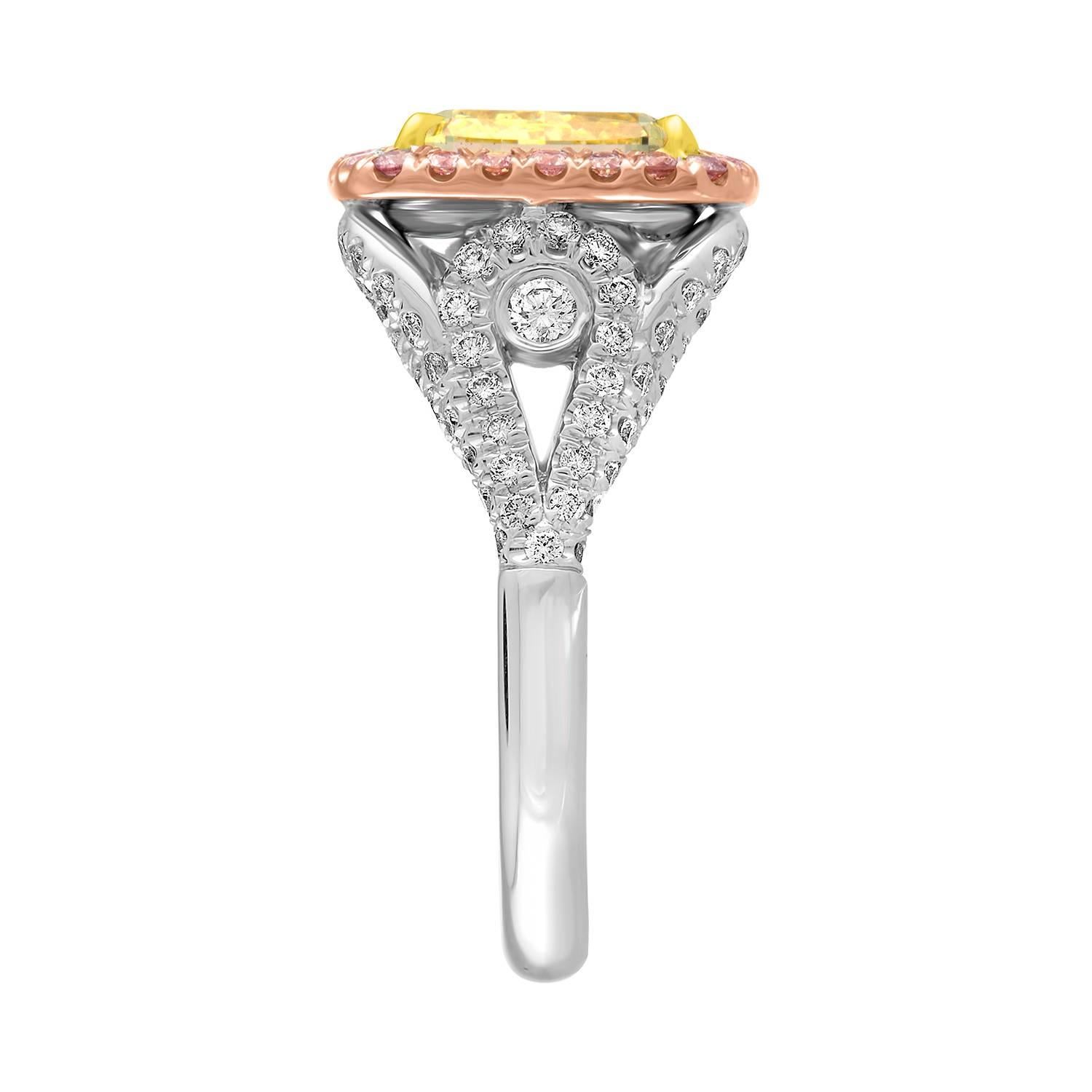 Contemporary 5.03 GIA Fancy Yellow Cushion Cut Diamond in Tri-Color Ring