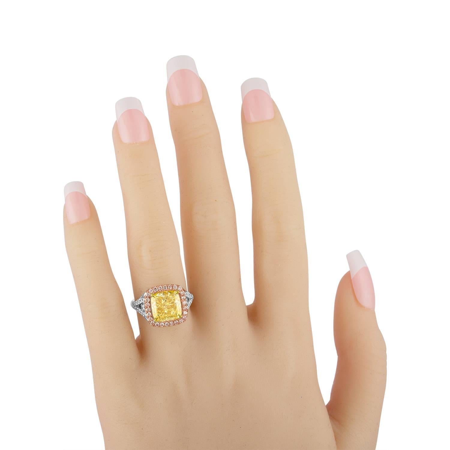 Women's 5.03 GIA Fancy Yellow Cushion Cut Diamond in Tri-Color Ring