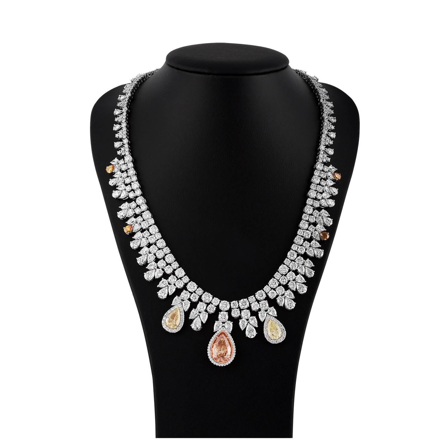 Tri Color Fancy Shape Necklace with over 50 Carat with Three Large Pear Shapes In New Condition In New York, NY