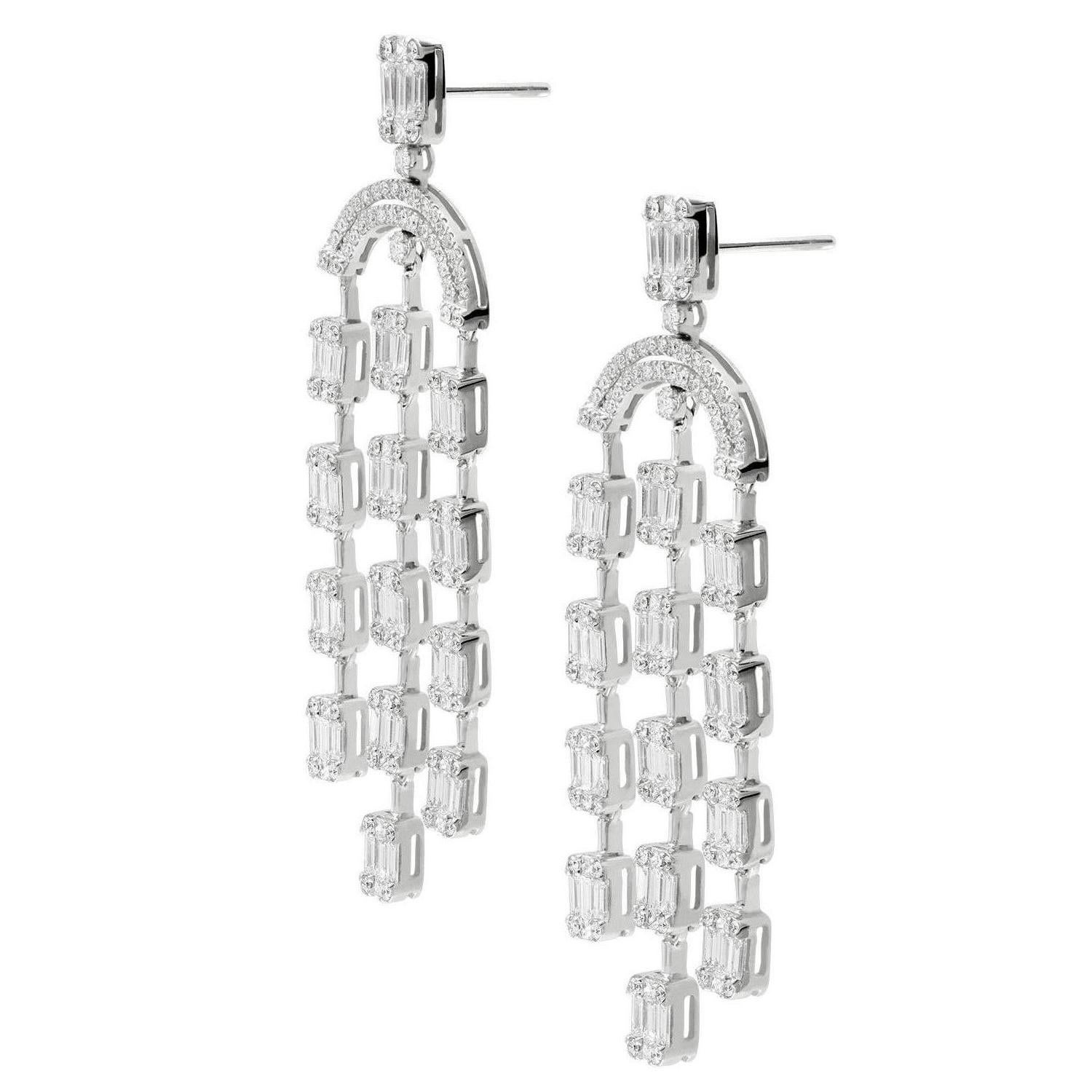 Baguette Cut 18 Karat White Gold Chandelier Earrings with Round Brilliants and Baguettes