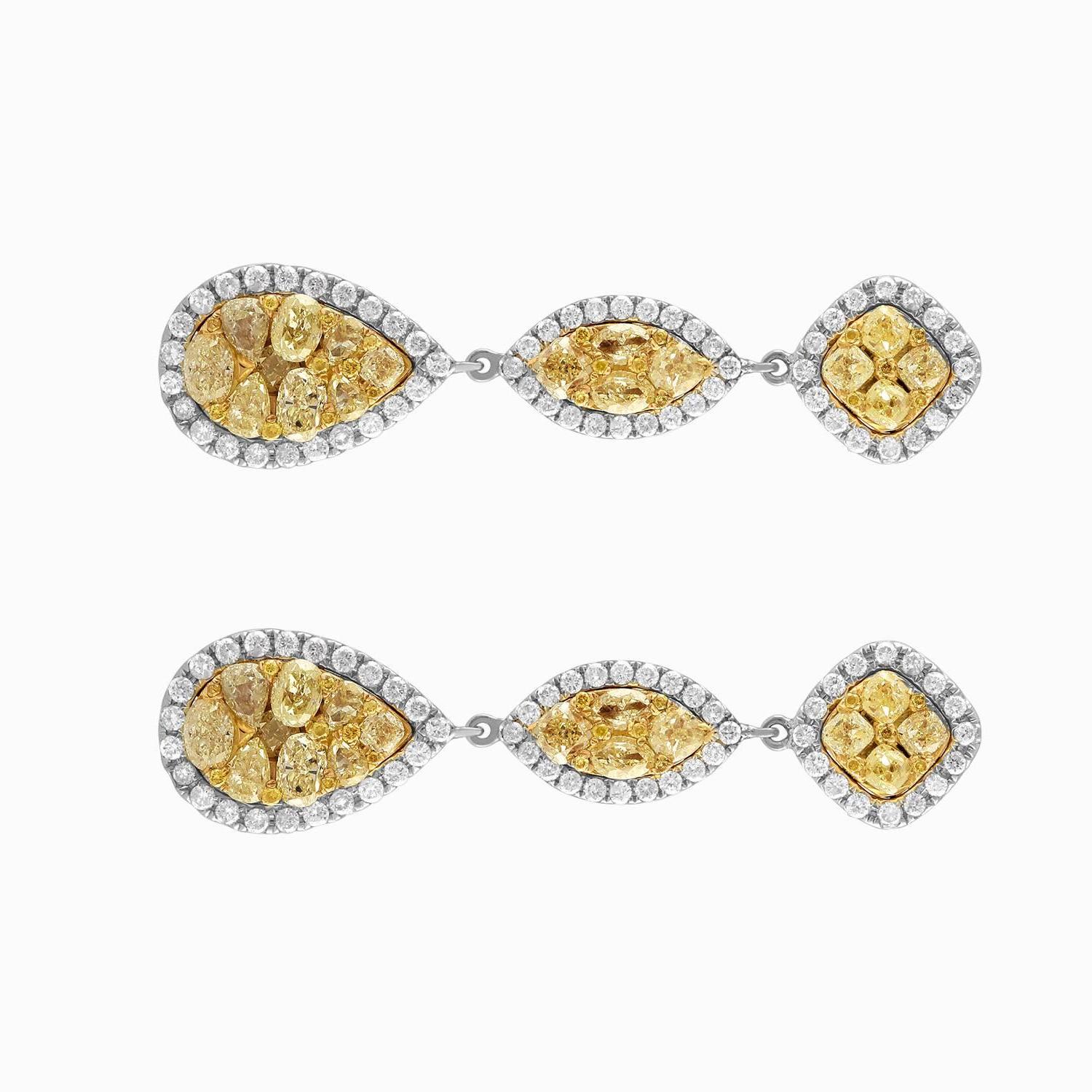 Contemporary 18 Karat Two-Tone Gold Drop Earrings with Yellow and White Diamonds For Sale