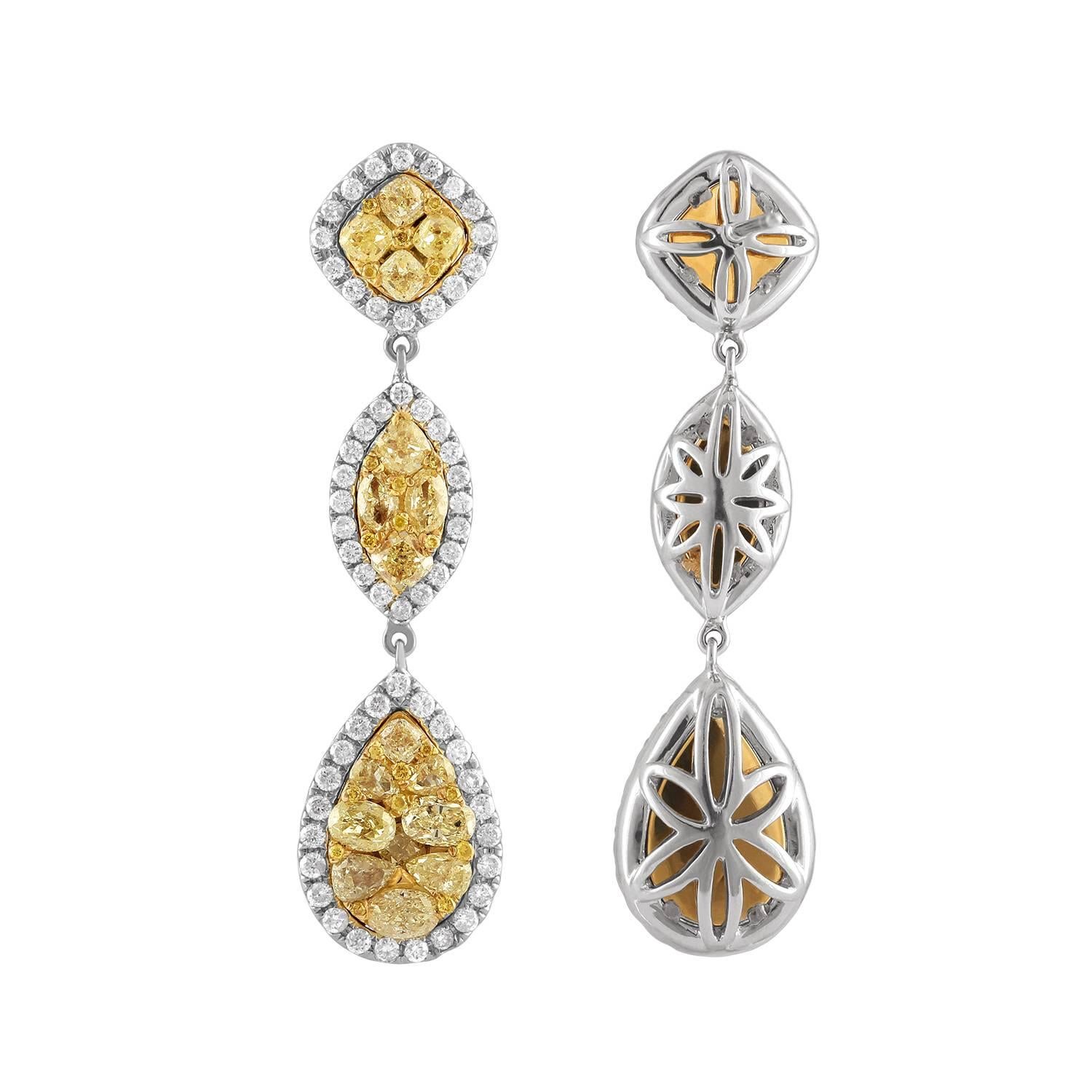 Fancy Diamond Shapes Drop Earrings. This Earring set has Square, Marquise and Pear Shape boxes. Each box has Yellow Diamonds inside surrounded by White Diamonds on the outside. 118 Round Brilliants are surrounding the 32 Fancy Shapes - Yellow