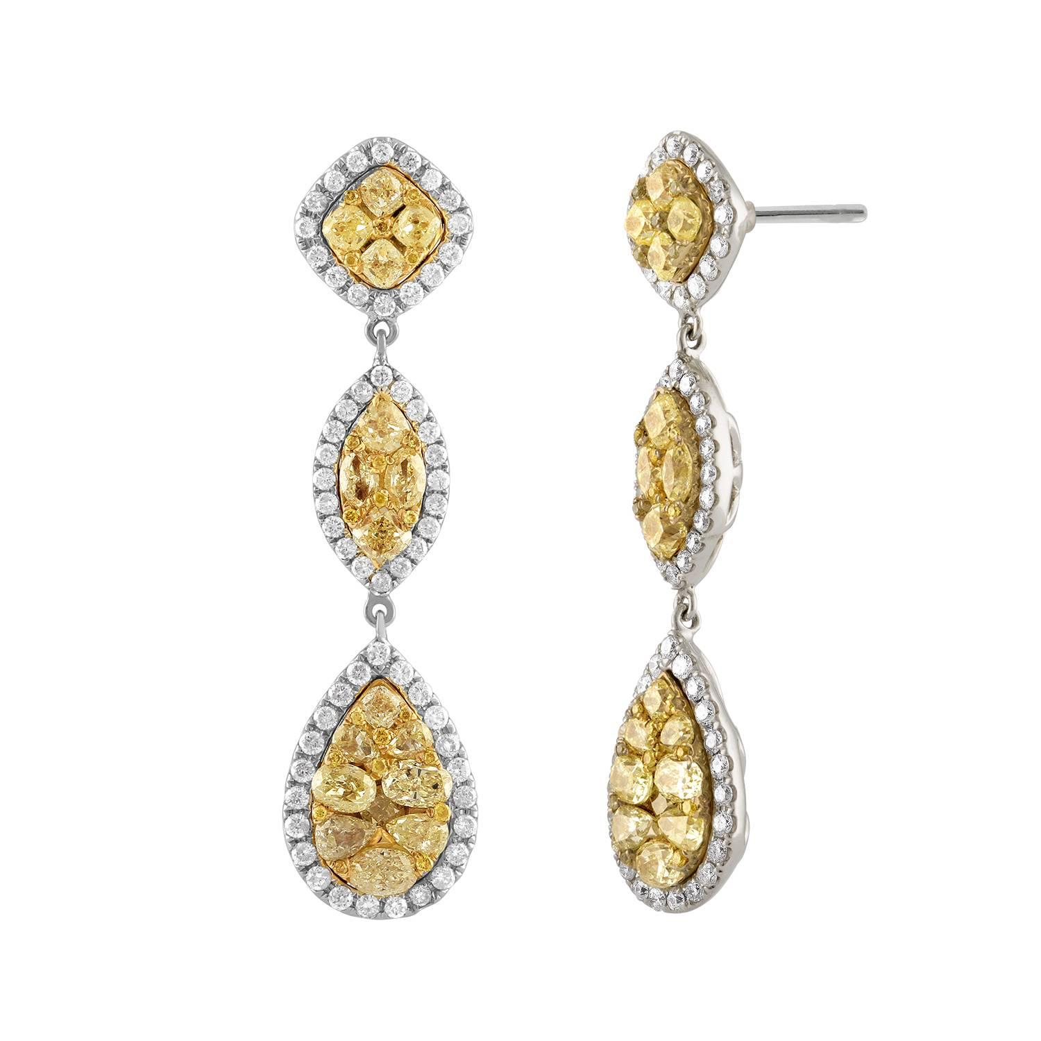 18 Karat Two-Tone Gold Drop Earrings with Yellow and White Diamonds In New Condition For Sale In New York, NY