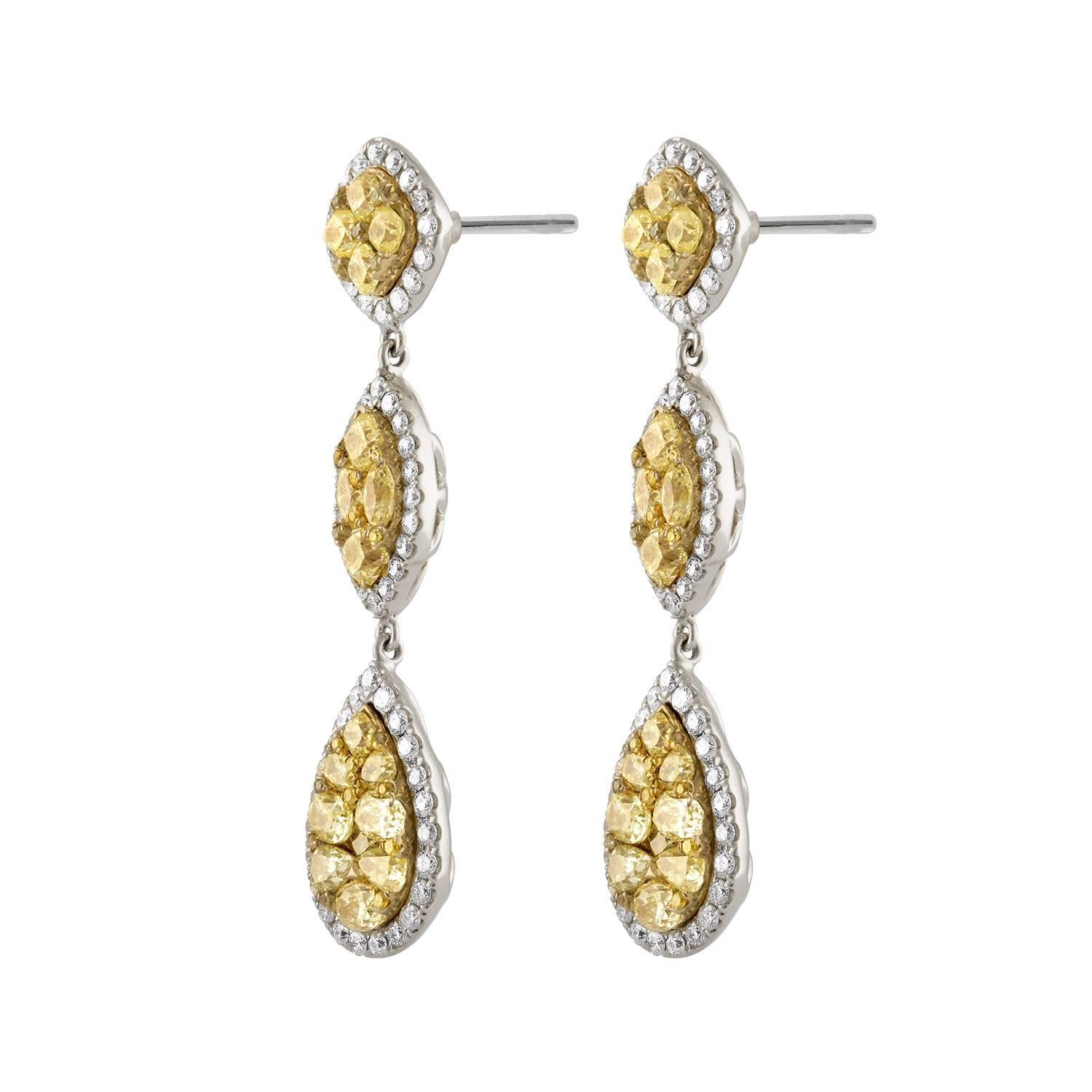 Women's 18 Karat Two-Tone Gold Drop Earrings with Yellow and White Diamonds For Sale