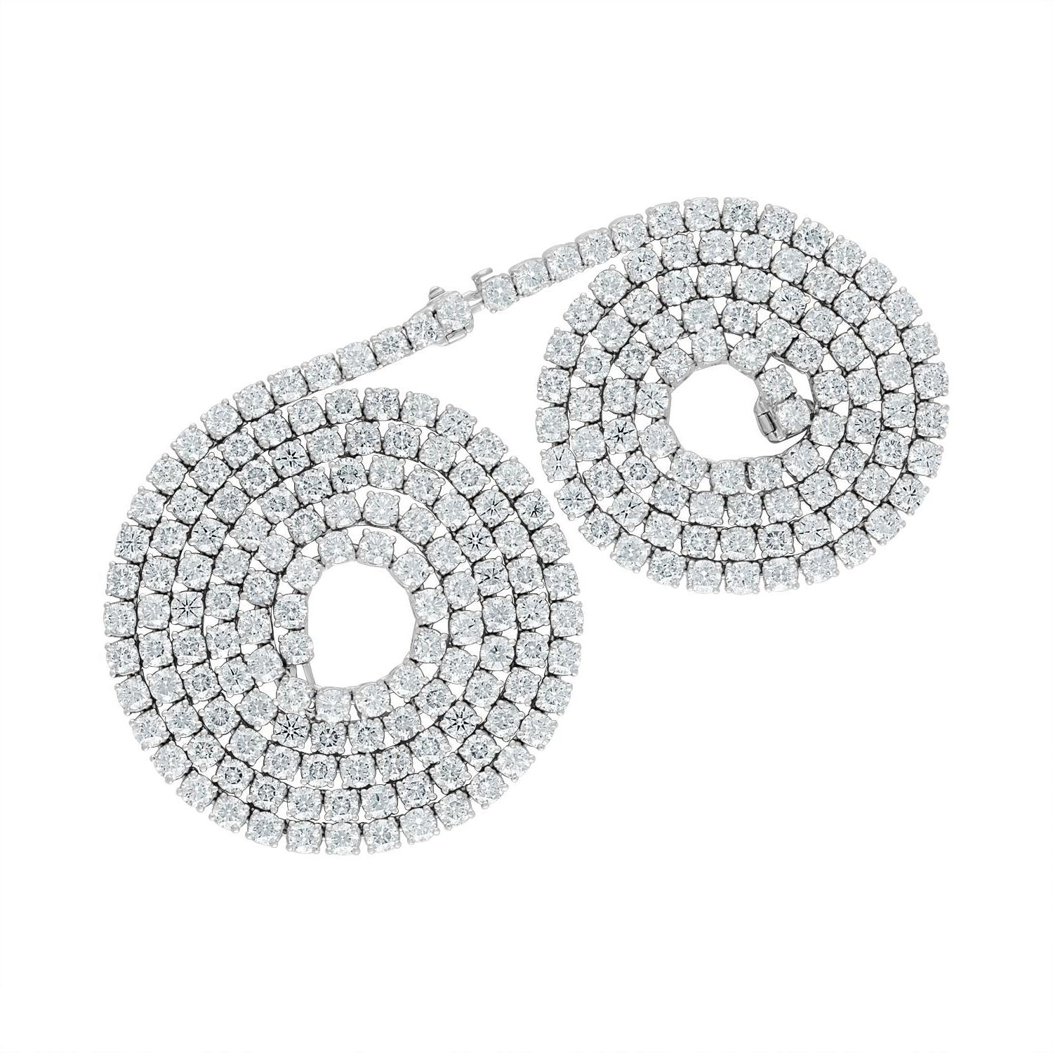 Round Cut 230 Brilliant Diamonds, 55.60 Carat, Set in Two Tennis Necklaces Combo For Sale