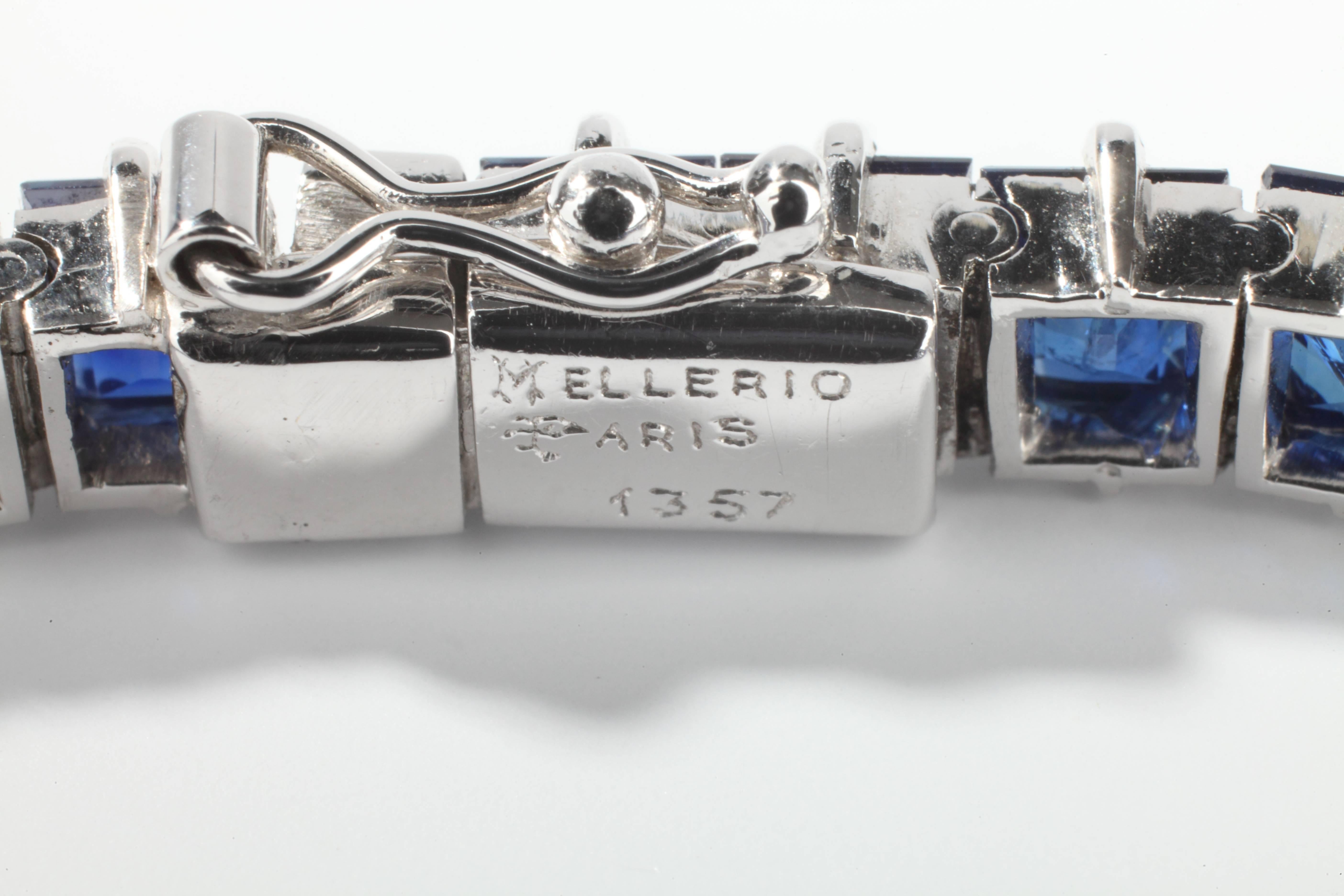 Art Deco Mellerio Paris Square Sapphire Platinum Line Bracelet For Sale