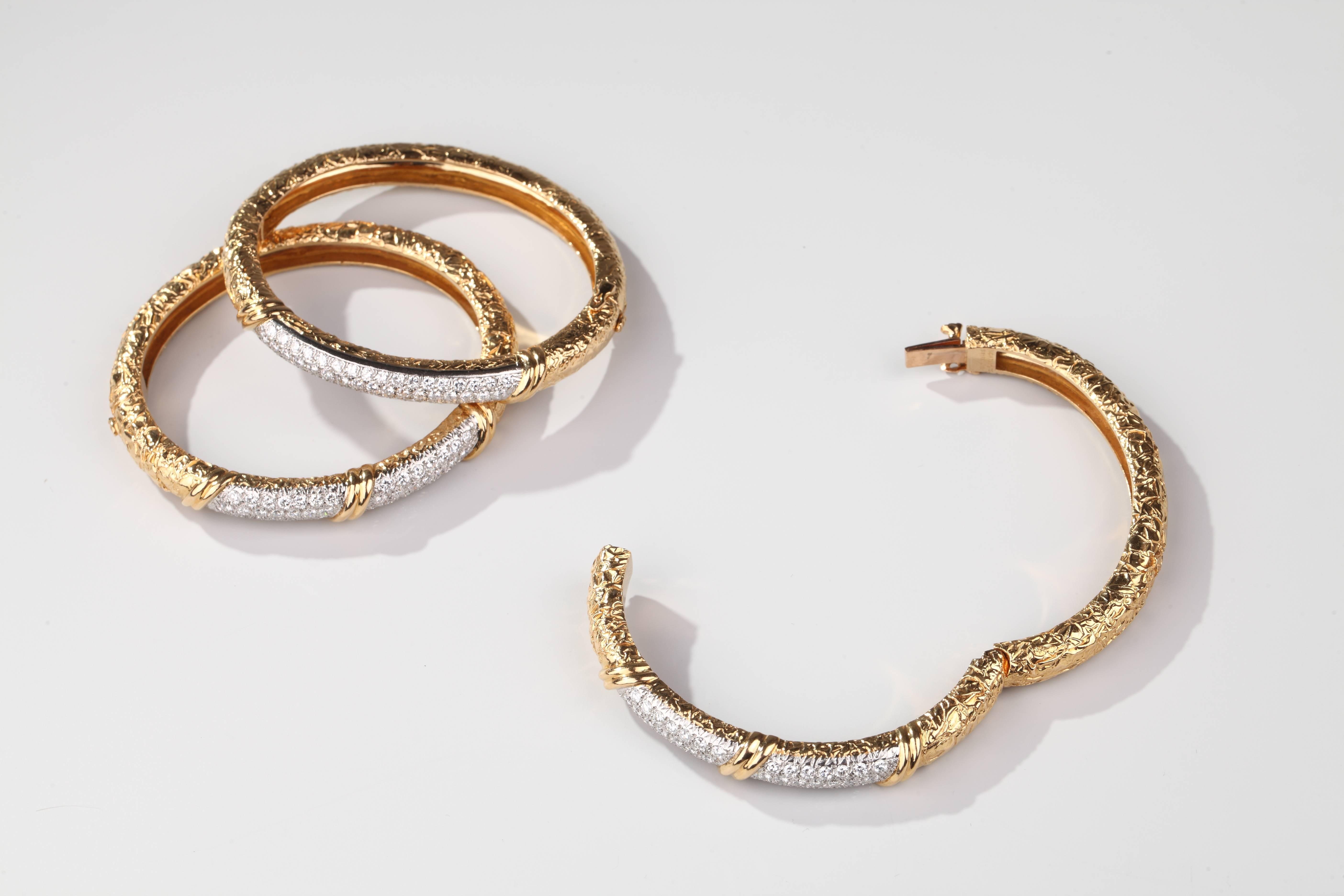 Women's 1970s Van Cleef & Arpels Paris Trio Diamond Gold Platinum Bangle Bracelets