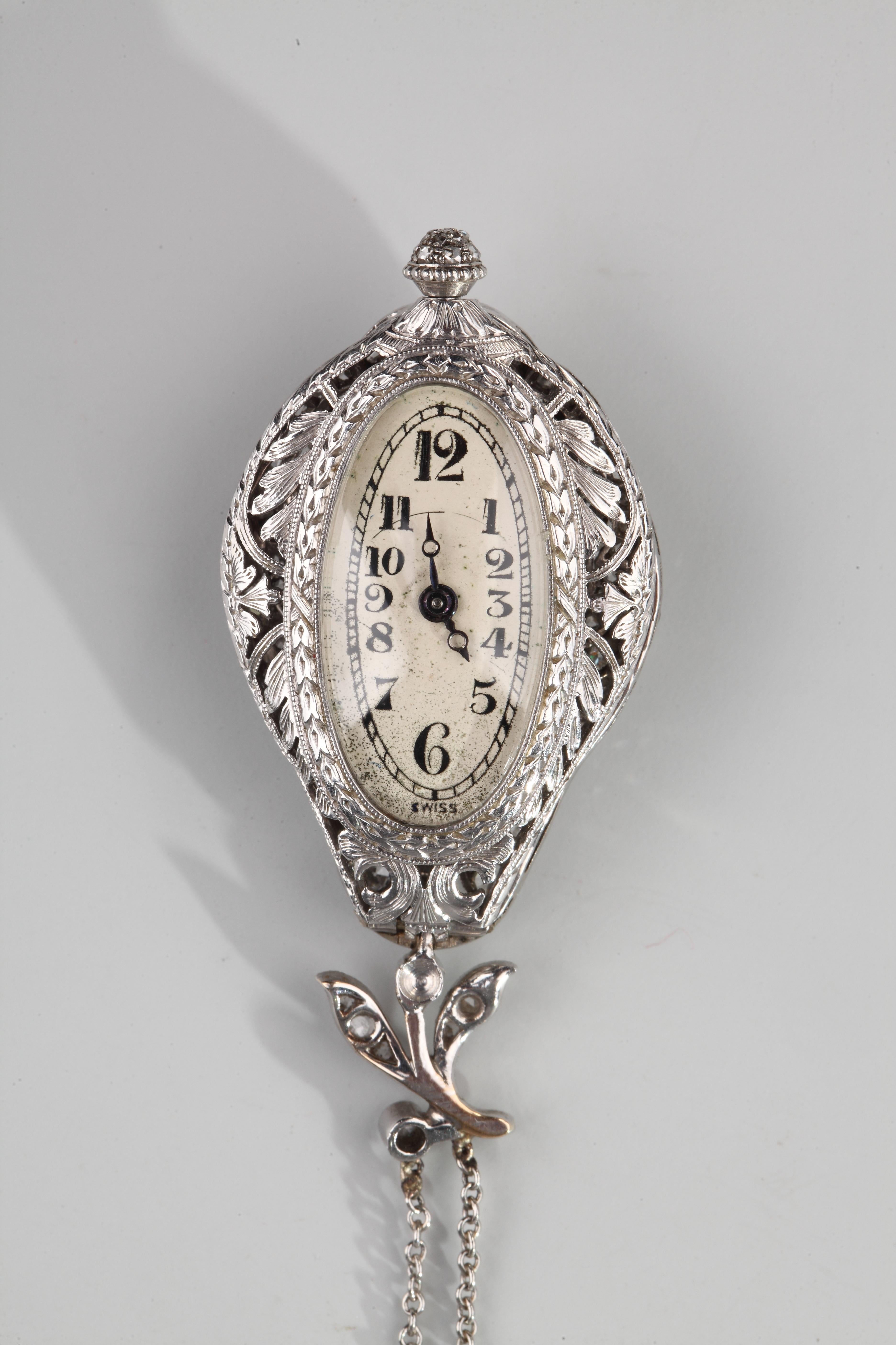 Women's 1900s Ladies Platinum White Gold Diamond Pear Shaped Pendant Watch For Sale