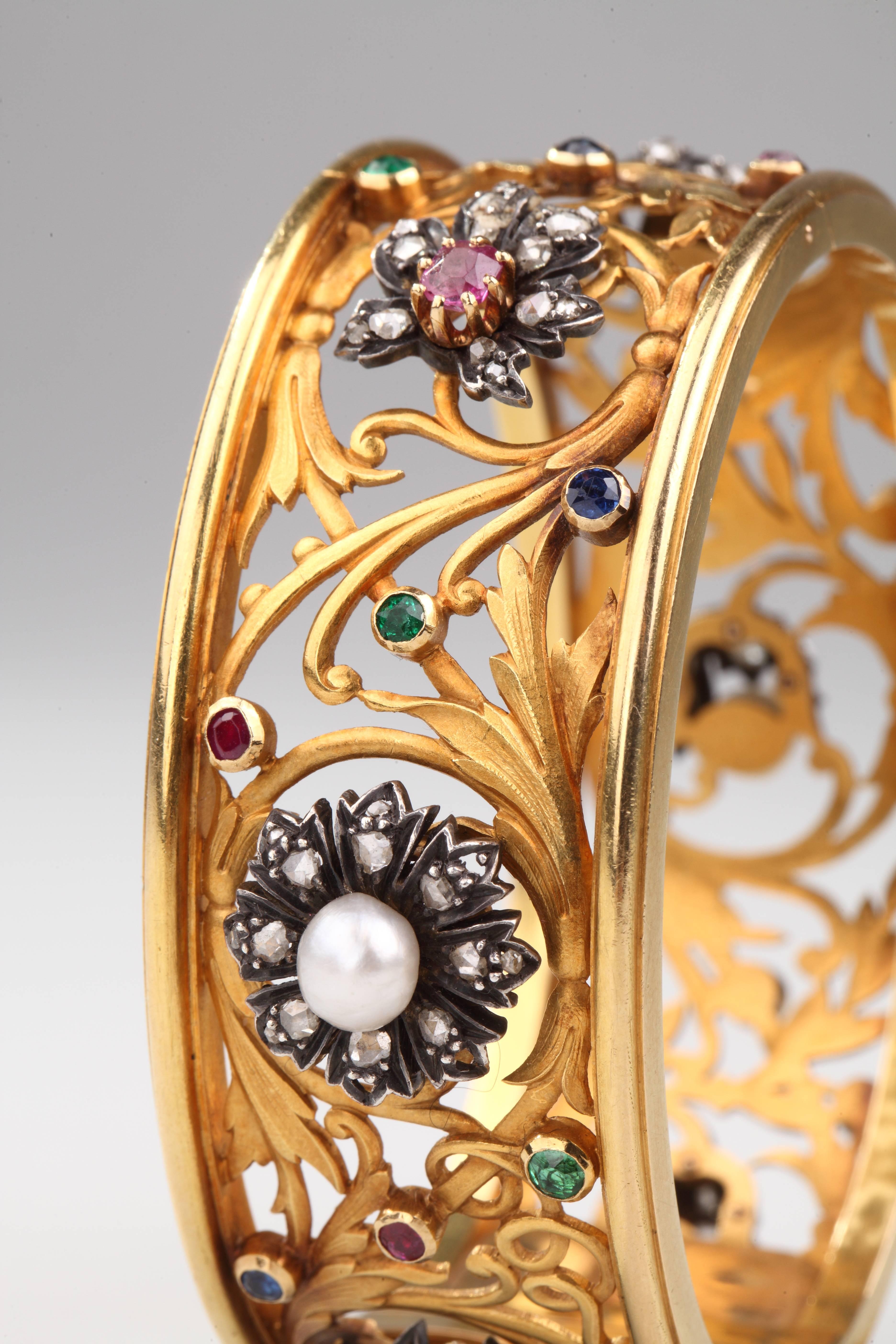 Women's Antique Napoleon III Gem-set gold Cuff Bracelet